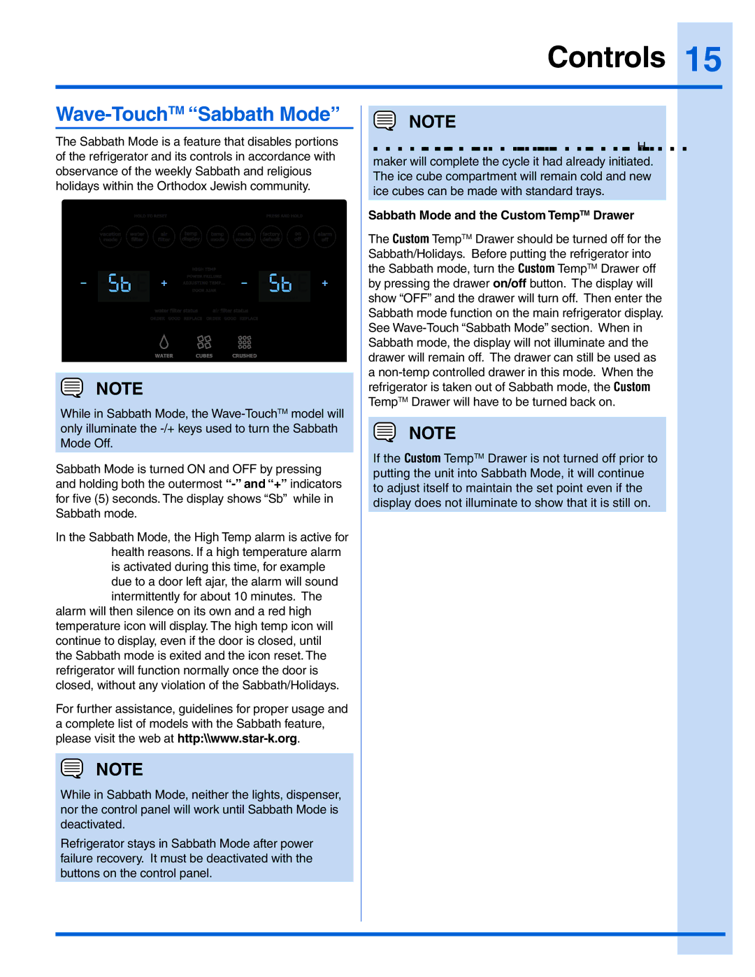 Electrolux 241978401 manual Wave-TouchTMSabbath Mode, Sabbath Mode and the Custom TempTM Drawer 