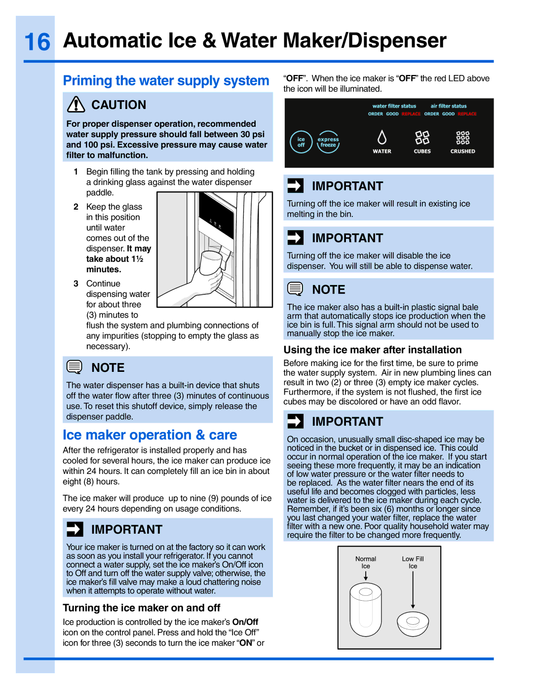 Electrolux 241978401 Automatic Ice & Water Maker/Dispenser, Priming the water supply system, Ice maker operation & care 