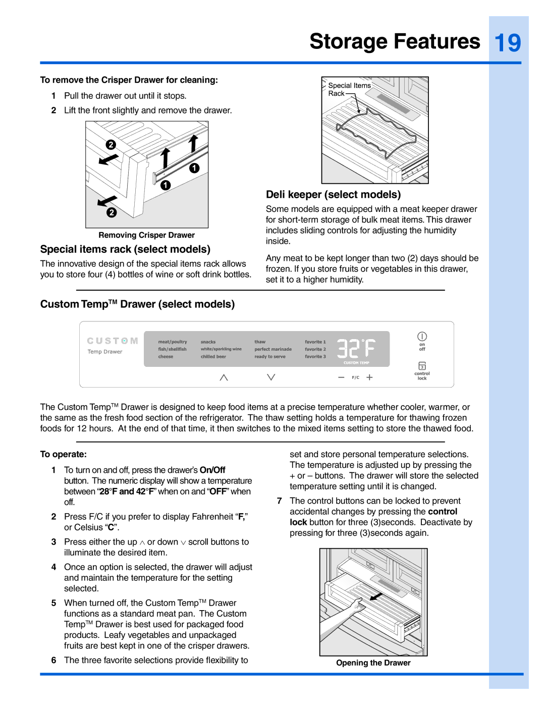 Electrolux 241978401 manual Special items rack select models, Deli keeper select models, Custom TempTM Drawer select models 