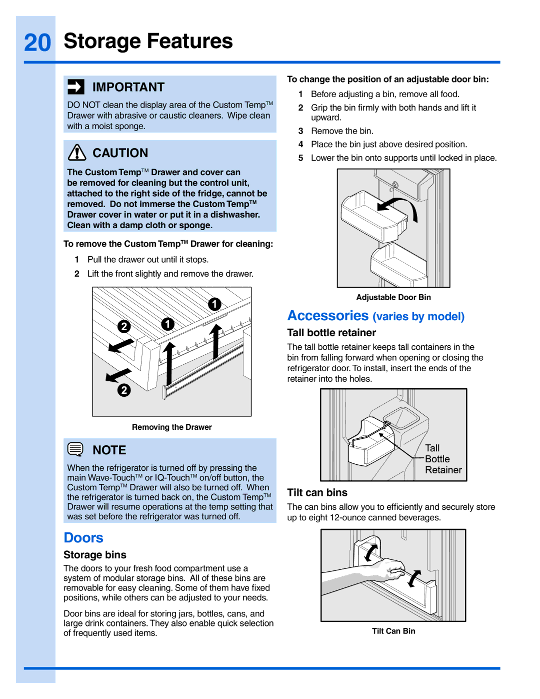 Electrolux 241978401 manual Doors, Storage bins, Tall bottle retainer, Tilt can bins 