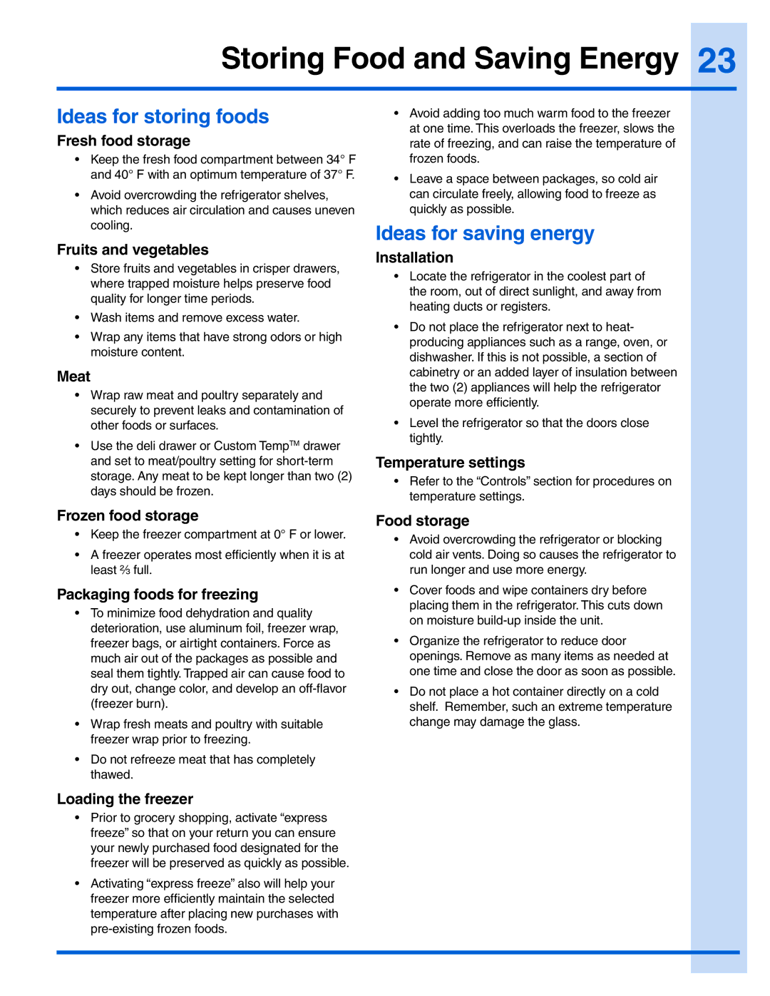 Electrolux 241978401 manual Storing Food and Saving Energy, Ideas for storing foods, Ideas for saving energy 