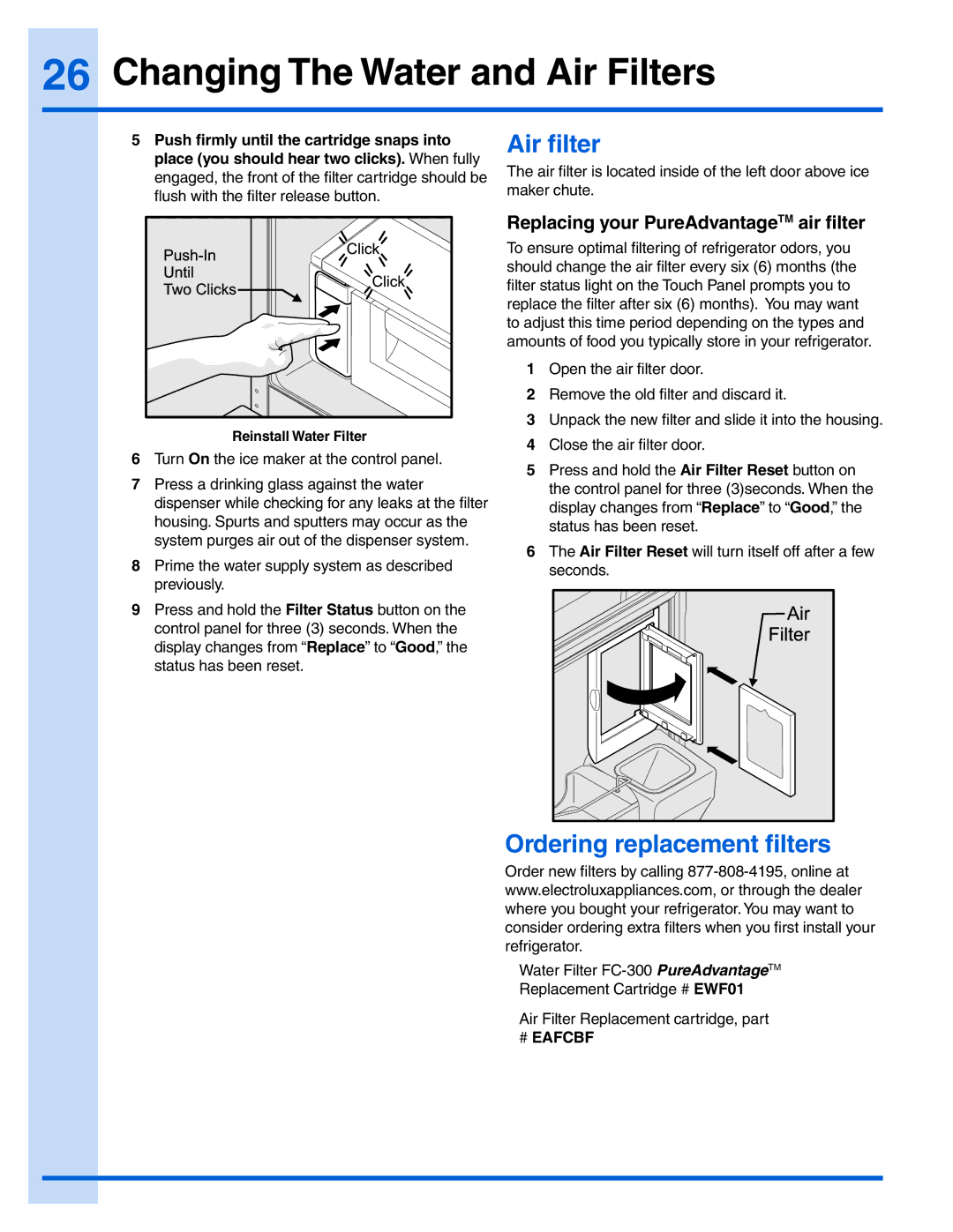 Electrolux 241978401 manual Air filter, Ordering replacement filters, Replacing your PureAdvantageTM air filter 