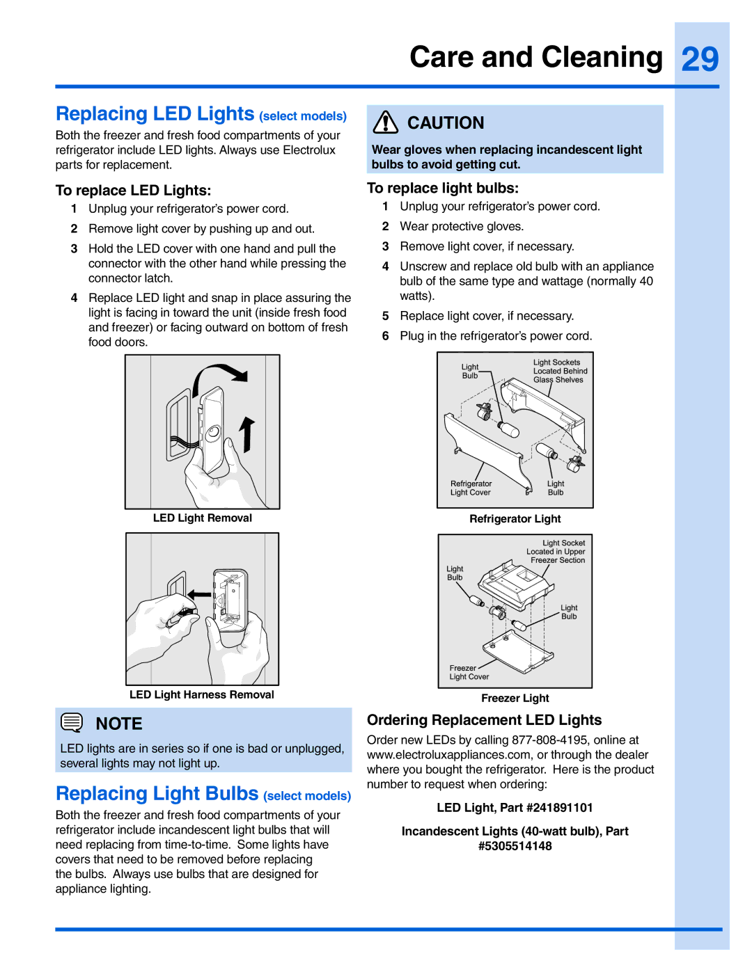 Electrolux 241978401 manual Replacing LED Lights select models, Replacing Light Bulbs select models, To replace LED Lights 