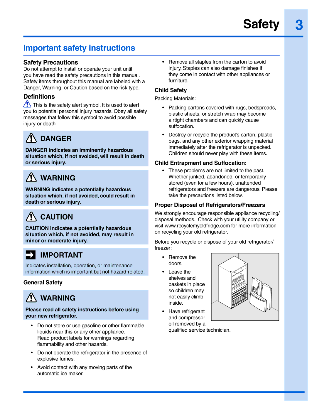 Electrolux 241978401 manual Important safety instructions, Safety Precautions, Definitions 