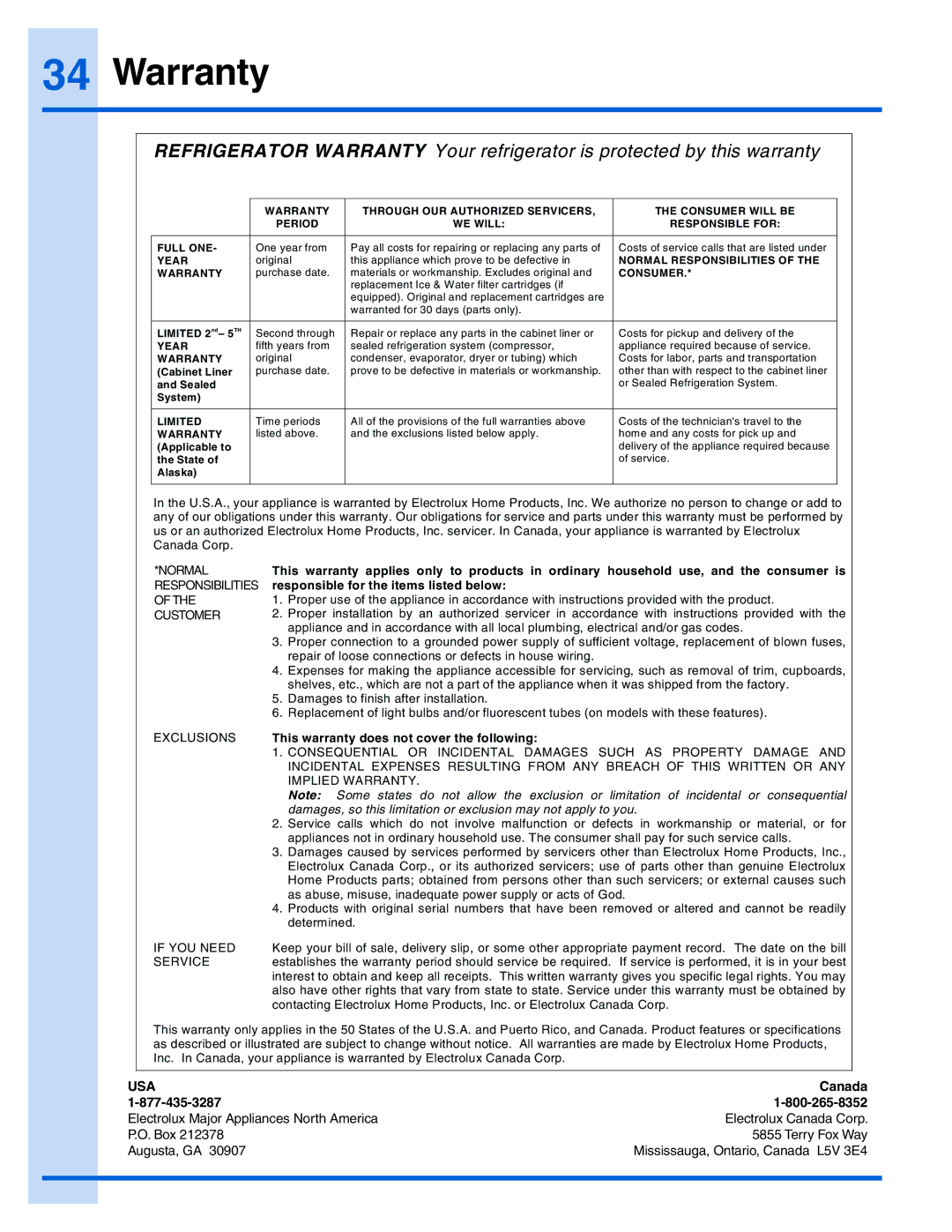 Electrolux 241978401 manual Warranty, Consumer 