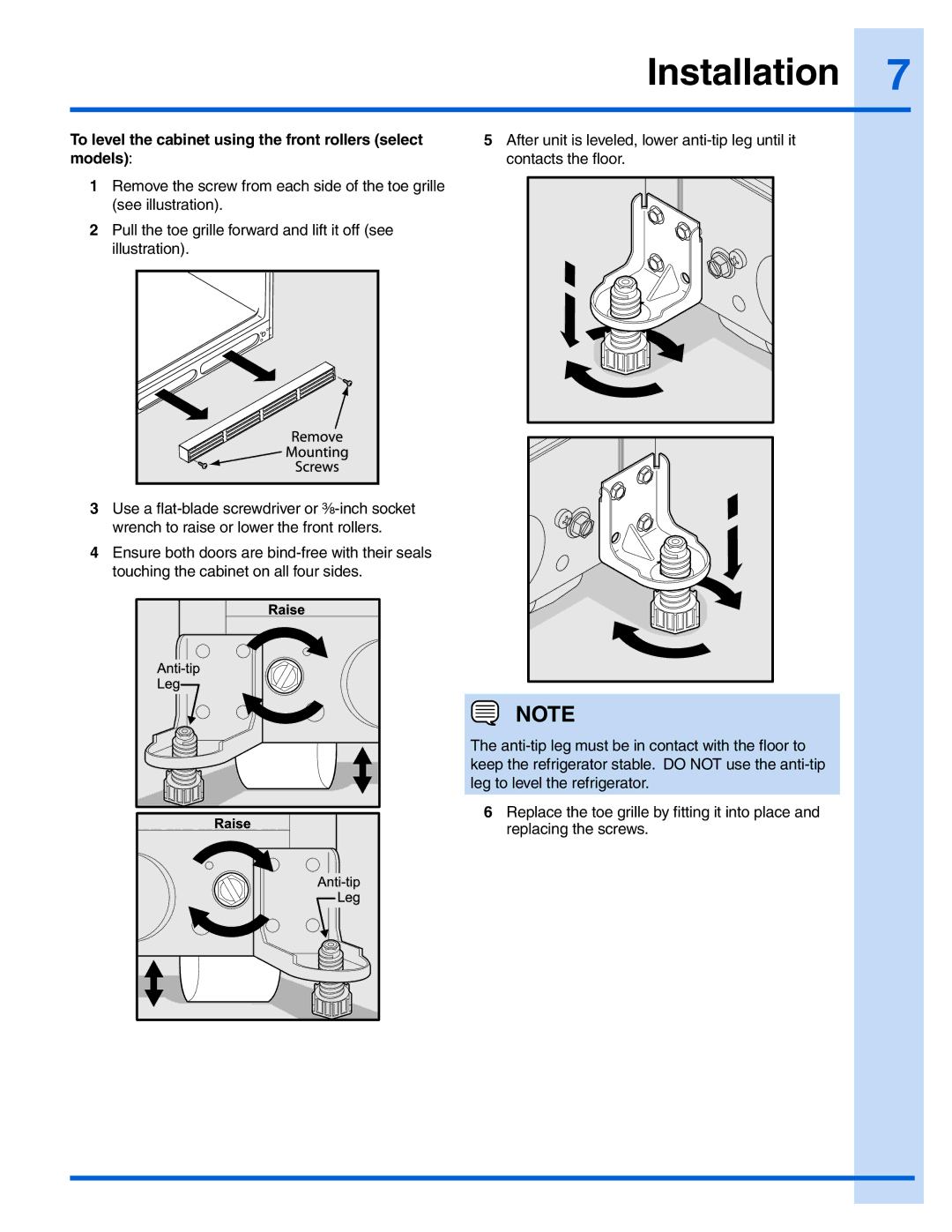 Electrolux 241978401 manual To level the cabinet using the front rollers select, Models 