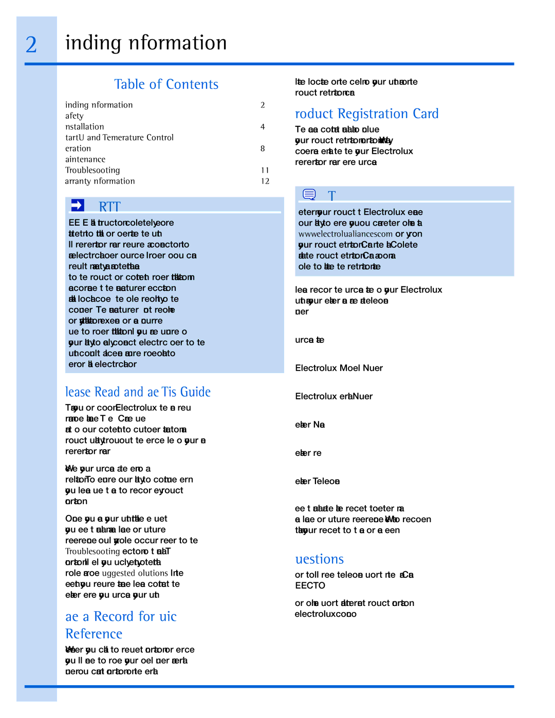 Electrolux 242000100 Finding Information, Table of Contents, Make a Record for Quick Reference, Product Registration Card 