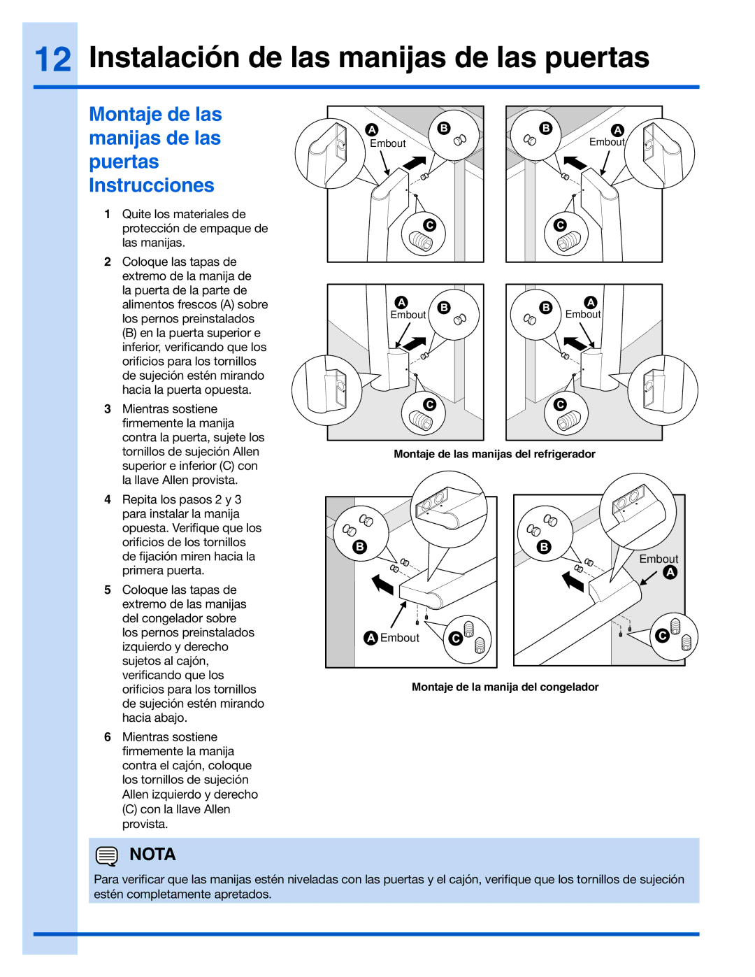 Electrolux 242090301 manual Instalación de las manijas de las puertas, Montaje de las manijas de las puertas Instrucciones 