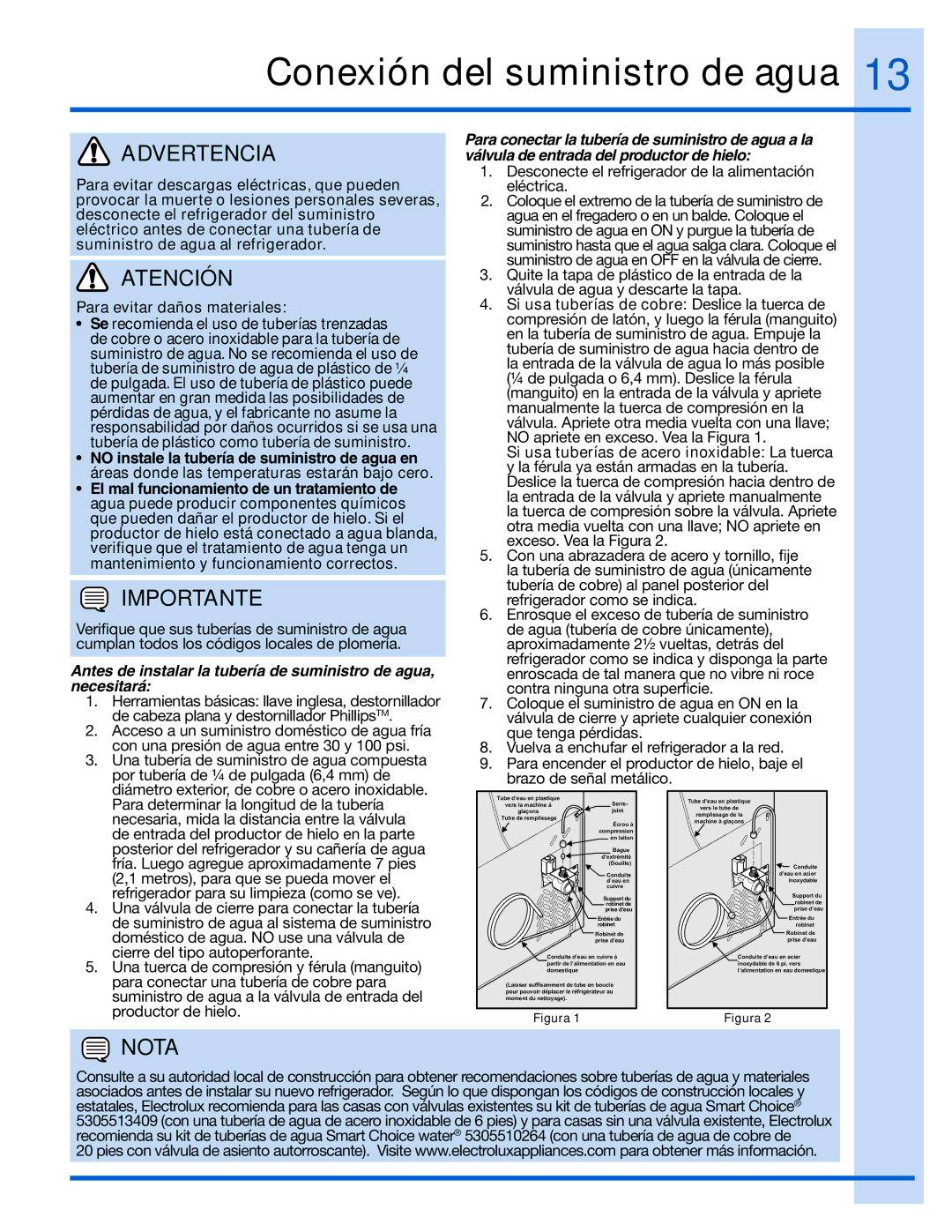 Electrolux 242090301 manual Conexión del suministro de agua, Para evitar daños materiales 