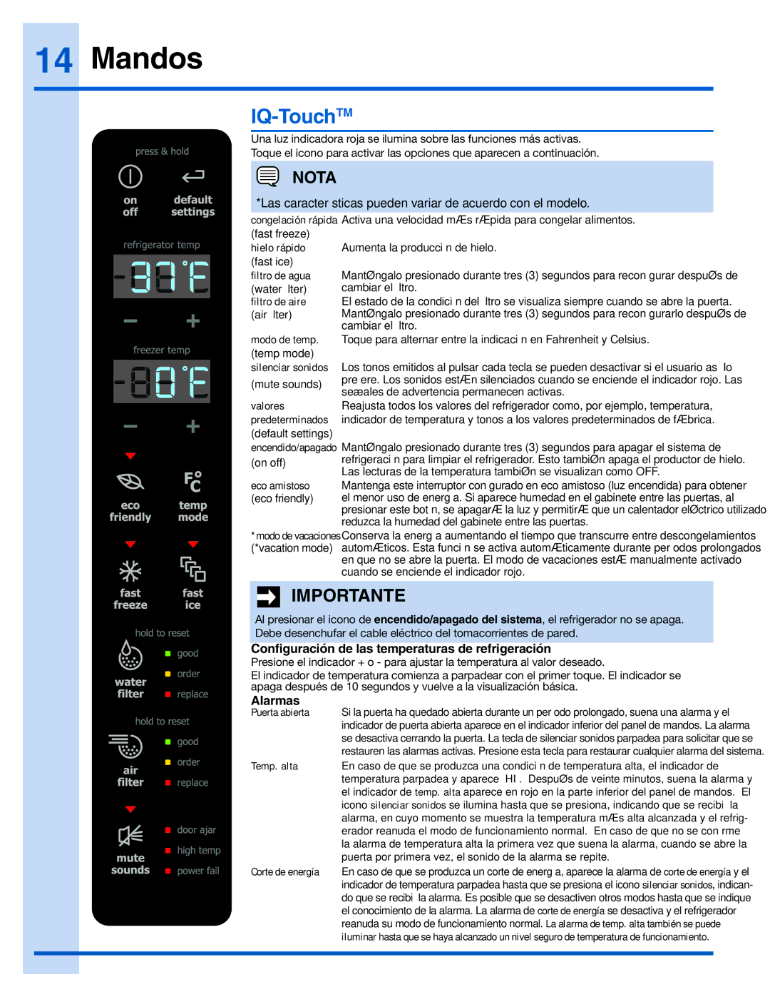 Electrolux 242090301 manual Mandos, IQ-TouchTM, Configuración de las temperaturas de refrigeración, Alarmas 