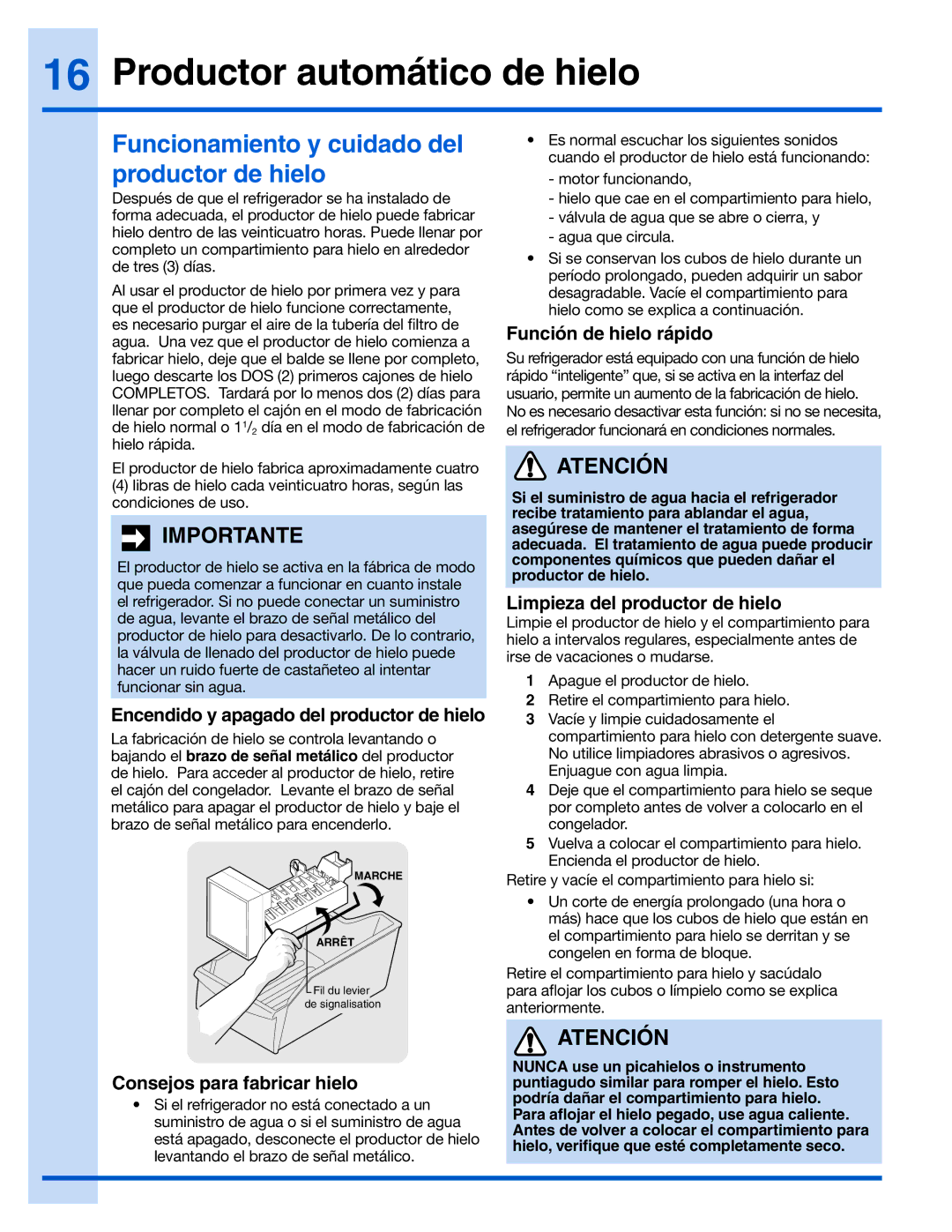 Electrolux 242090301 manual Productor automático de hielo, Funcionamiento y cuidado del productor de hielo 