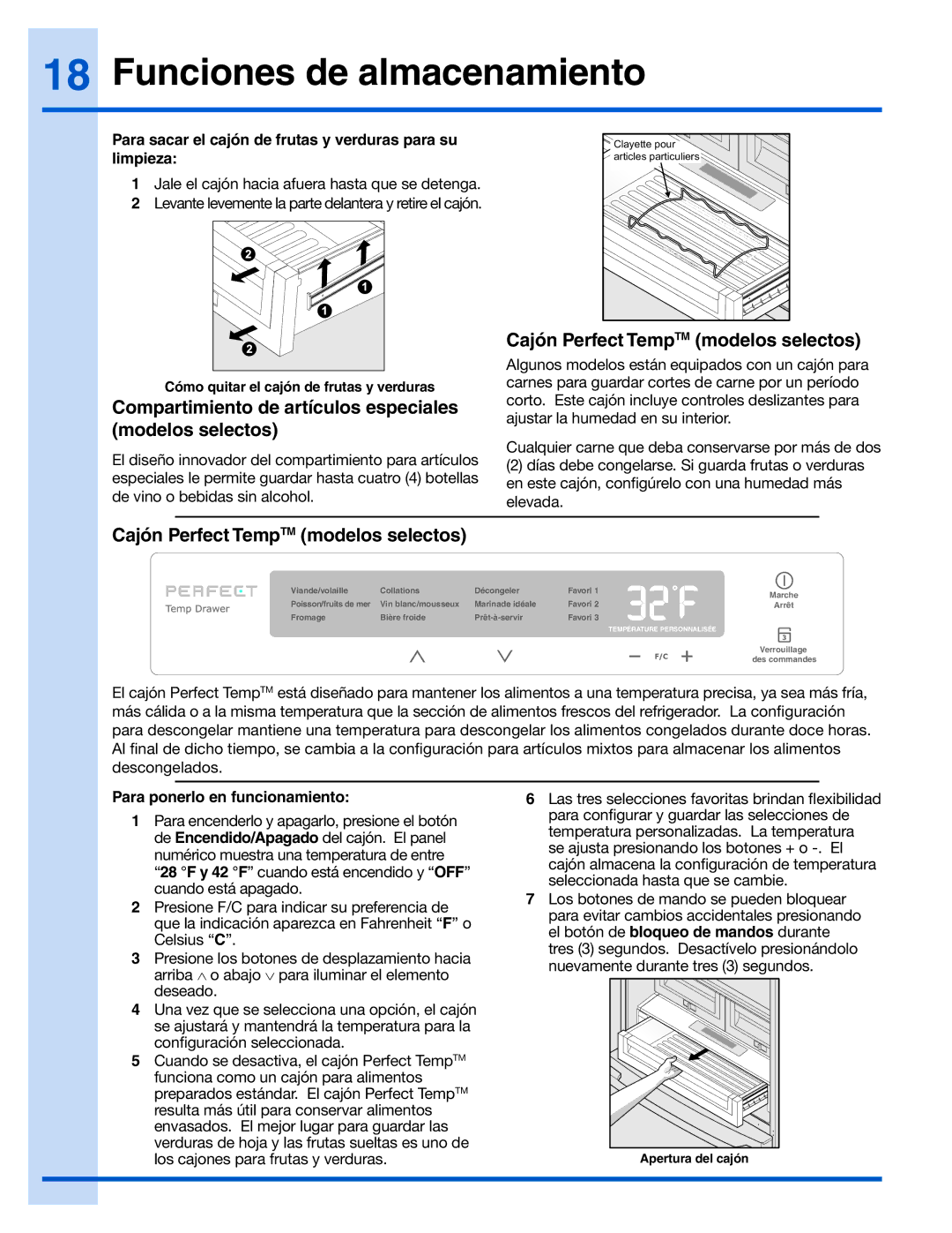 Electrolux 242090301 manual Compartimiento de artículos especiales modelos selectos, Cajón Perfect TempTM modelos selectos 