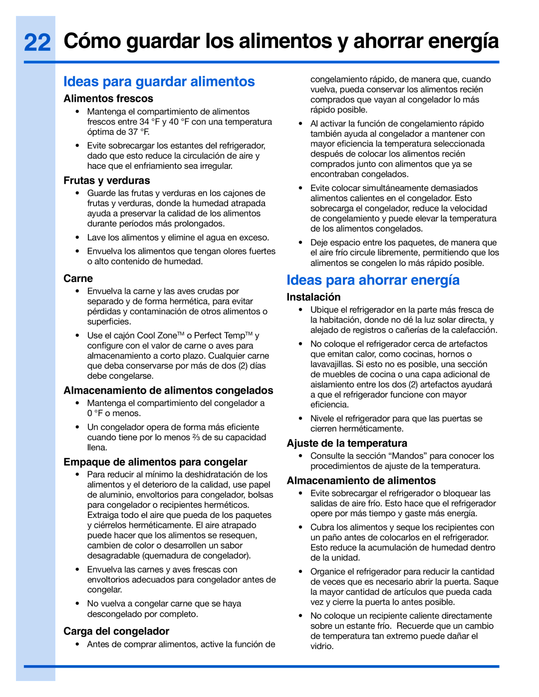 Electrolux 242090301 manual 22 Cómo guardar los alimentos y ahorrar energía, Ideas para guardar alimentos 