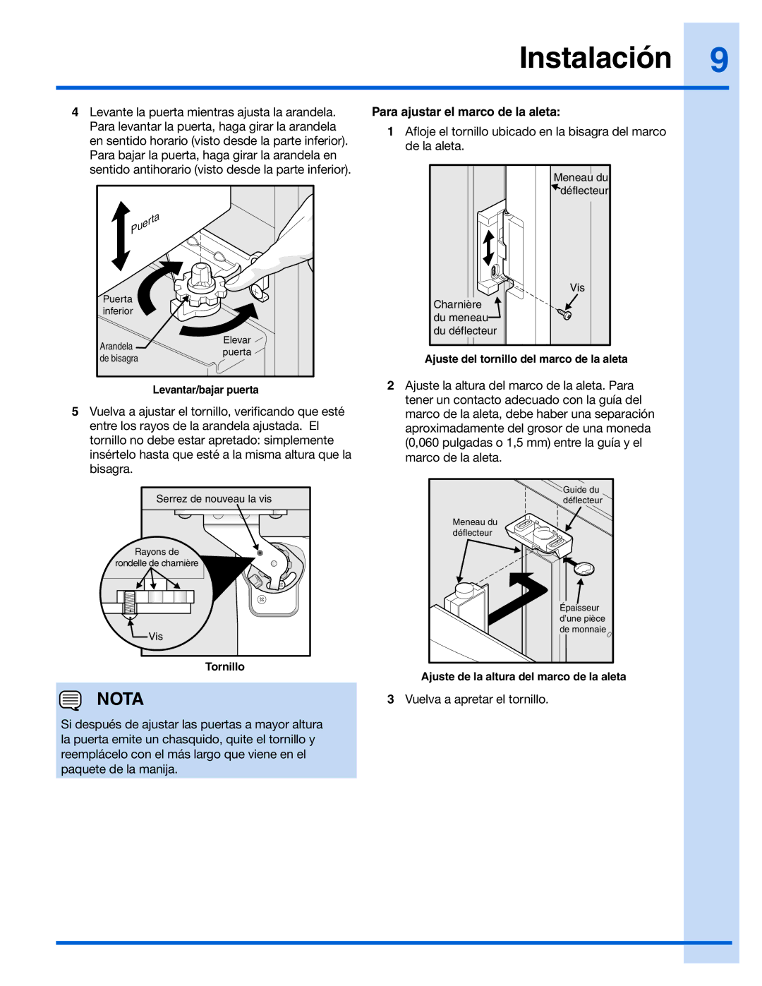 Electrolux 242090301 manual Para ajustar el marco de la aleta 