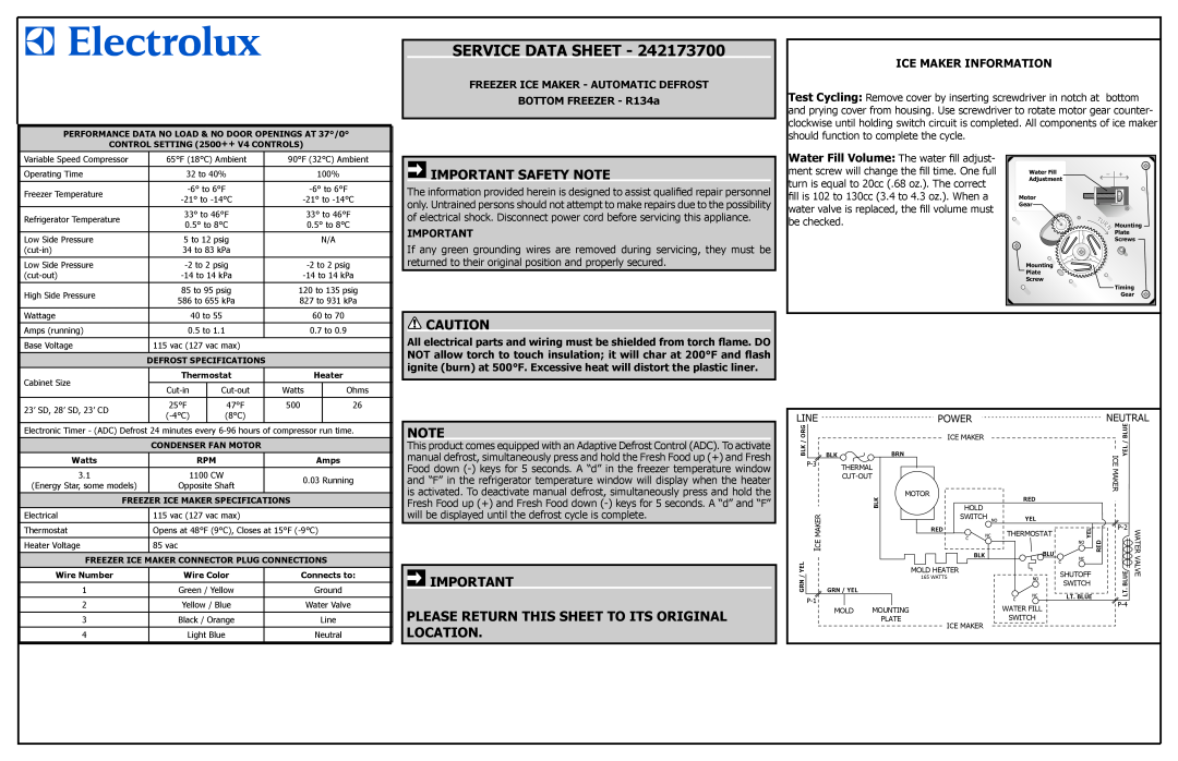 Electrolux 242173700 specifications Service Data Sheet, Important Safety Note, Ice Maker Information 