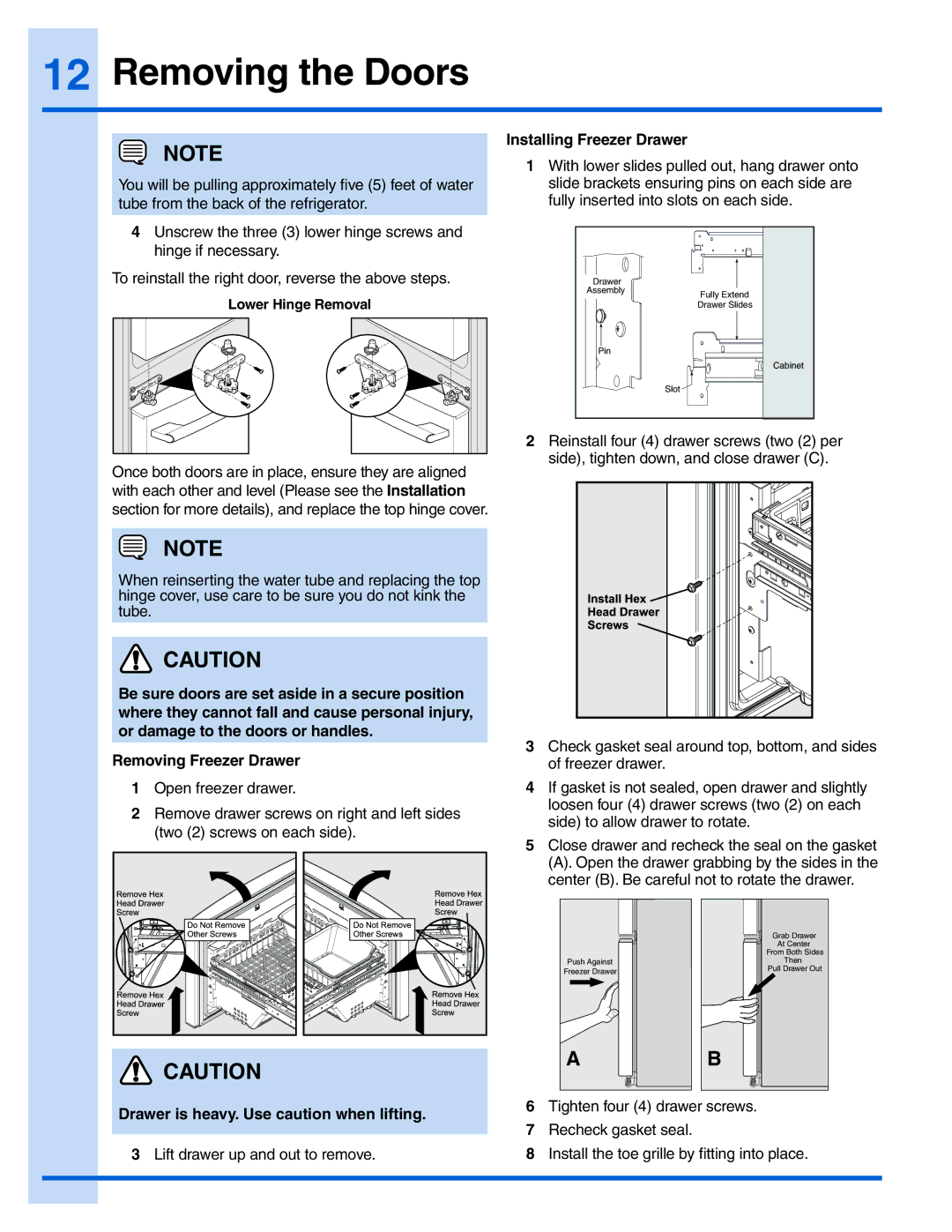 Electrolux 242183201, EI28BS65KS manual Installing Freezer Drawer, Drawer is heavy. Use caution when lifting 