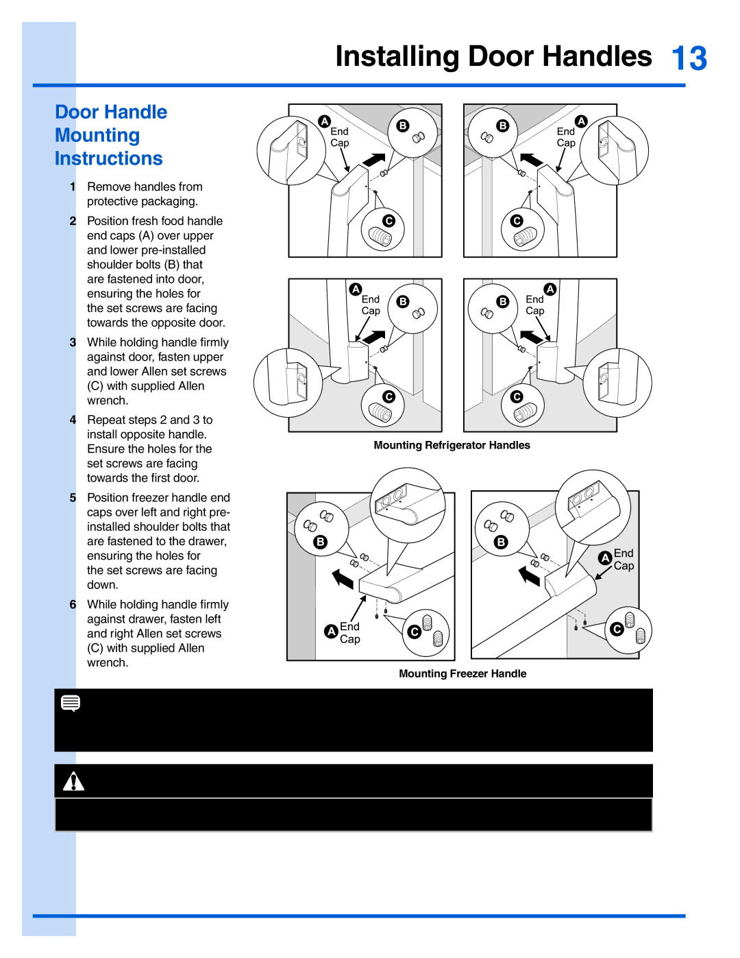 Electrolux EI28BS65KS, 242183201 manual Installing Door Handles, Door Handle Mounting Instructions 