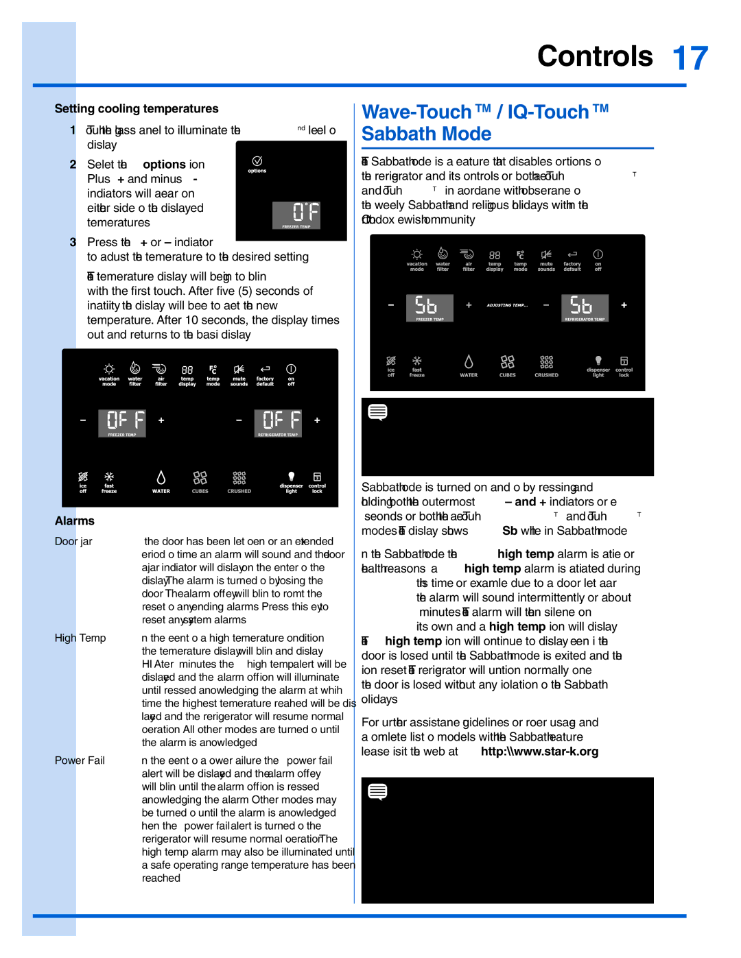 Electrolux EI28BS65KS, 242183201 manual Wave-Touch TM / IQ-Touch TM Sabbath Mode, Setting cooling temperatures, Alarms 