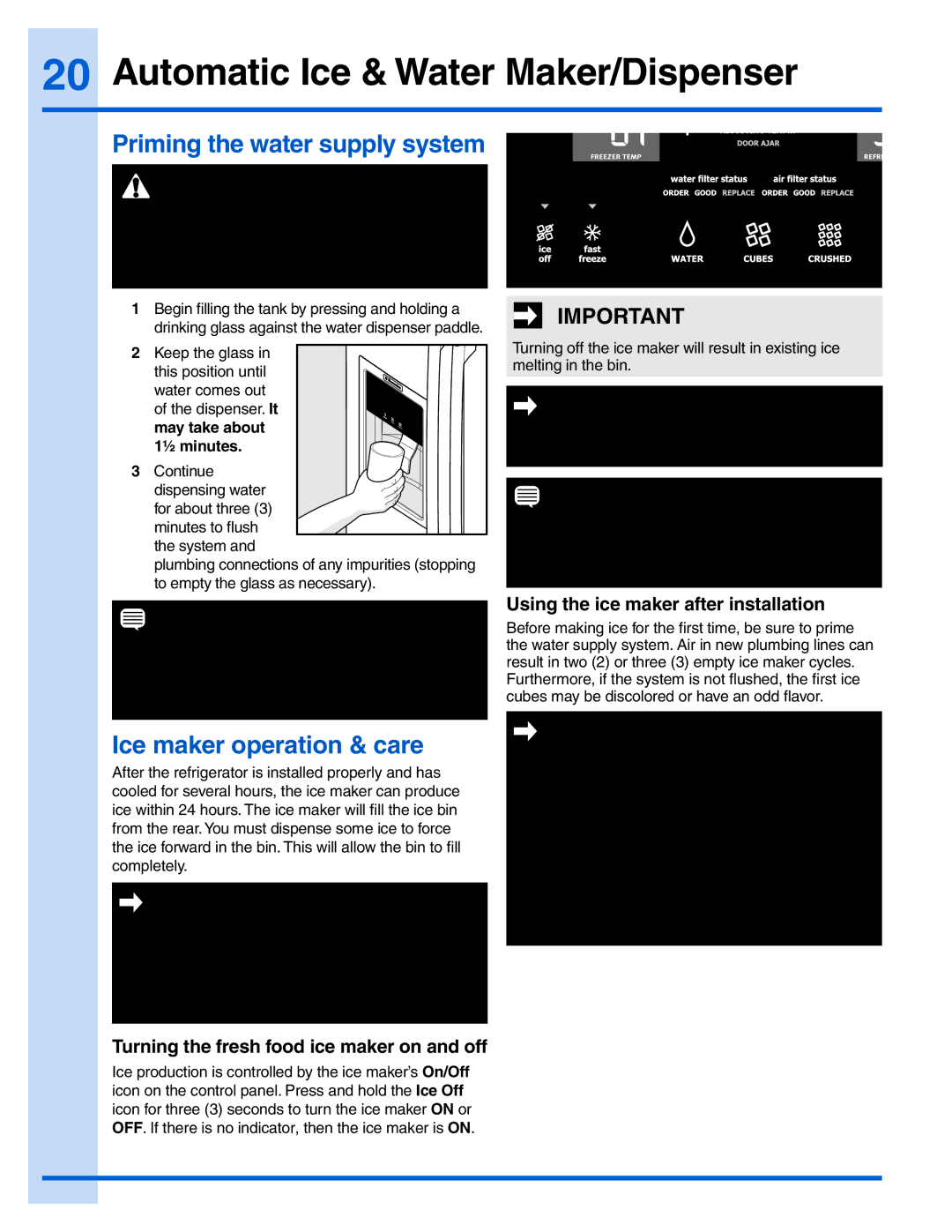 Electrolux 242183201 Automatic Ice & Water Maker/Dispenser, Priming the water supply system, Ice maker operation & care 