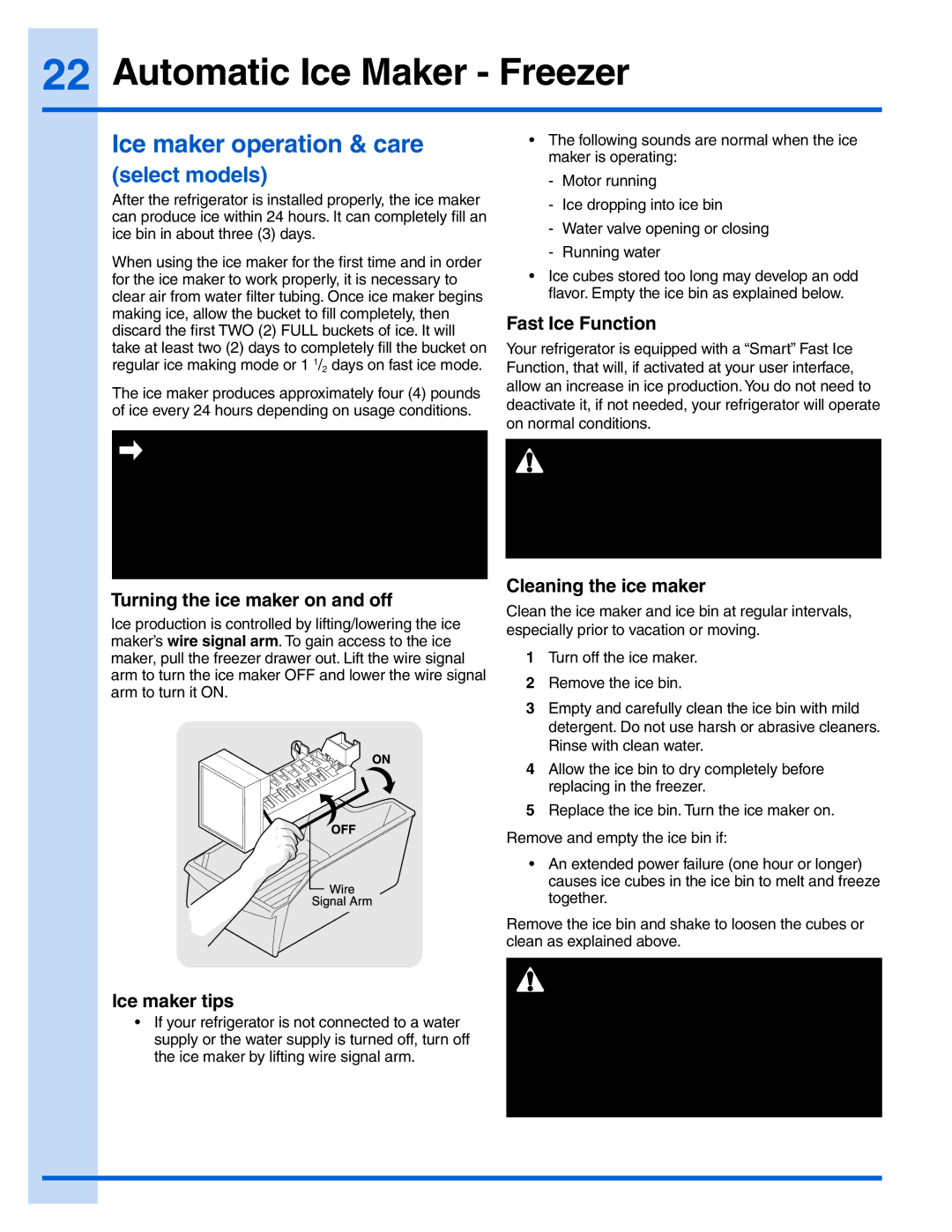Electrolux 242183201 Automatic Ice Maker Freezer, Turning the ice maker on and off, Ice maker tips, Fast Ice Function 