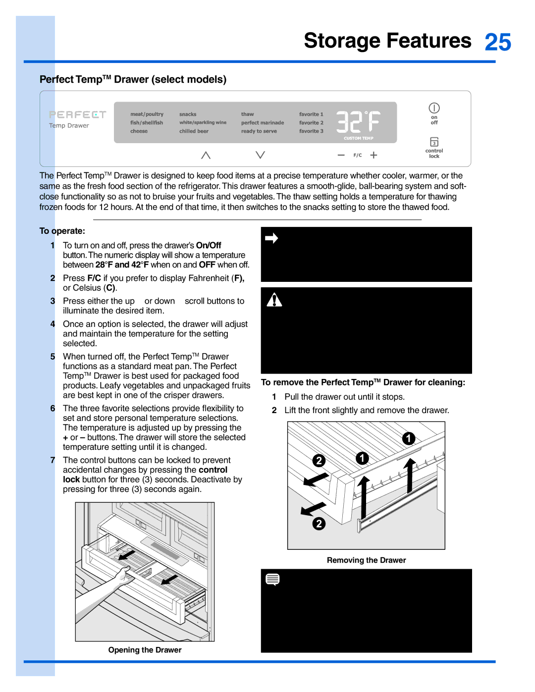 Electrolux EI28BS65KS Perfect TempTM Drawer select models, To operate, To remove the Perfect TempTM Drawer for cleaning 