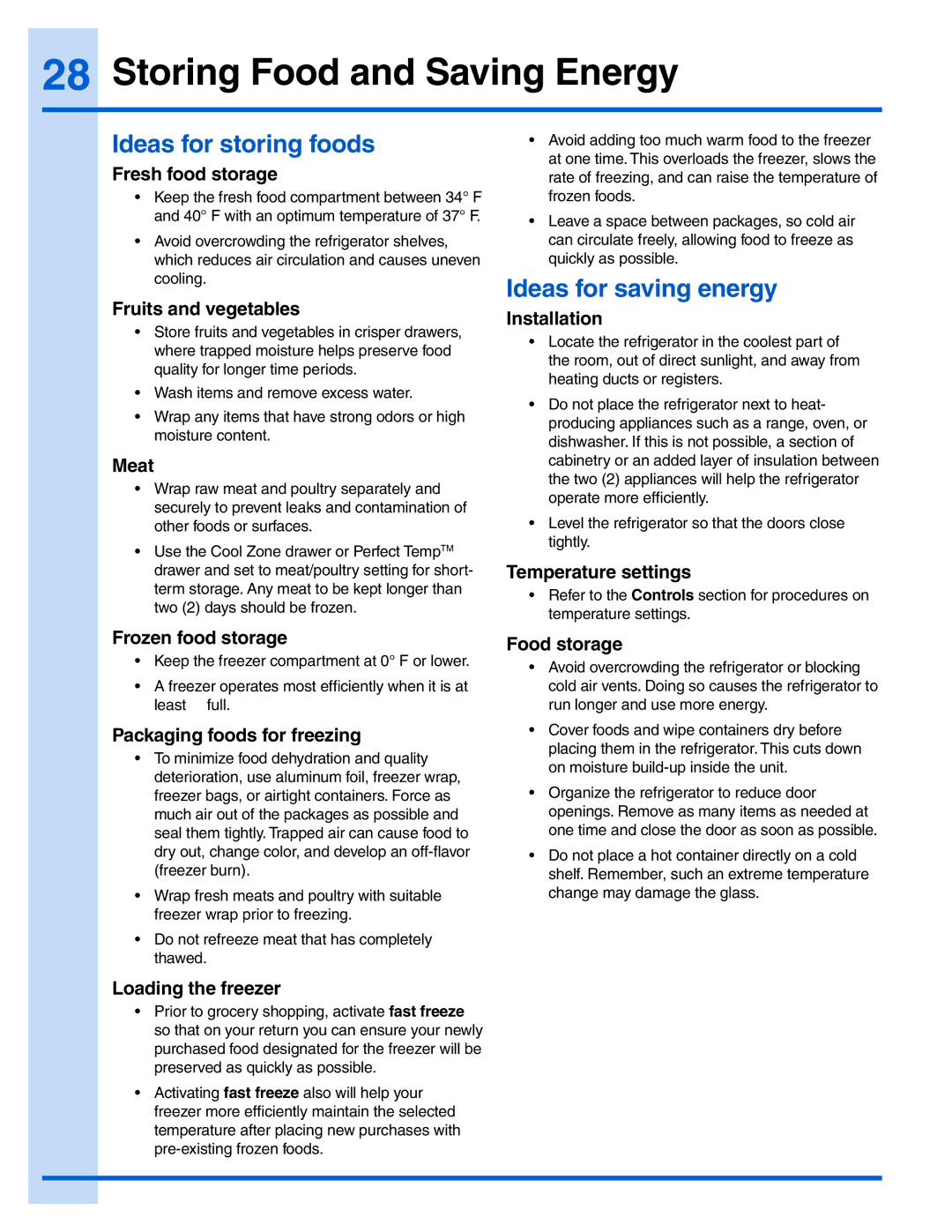 Electrolux 242183201, EI28BS65KS manual Storing Food and Saving Energy, Ideas for storing foods, Ideas for saving energy 