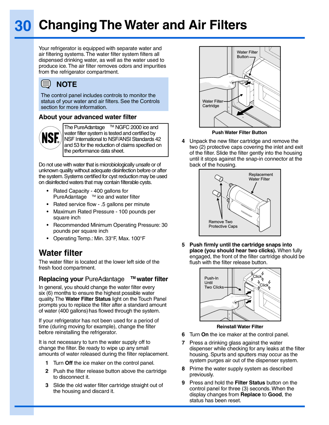 Electrolux 242183201, EI28BS65KS manual Changing The Water and Air Filters, Water filter, About your advanced water filter 