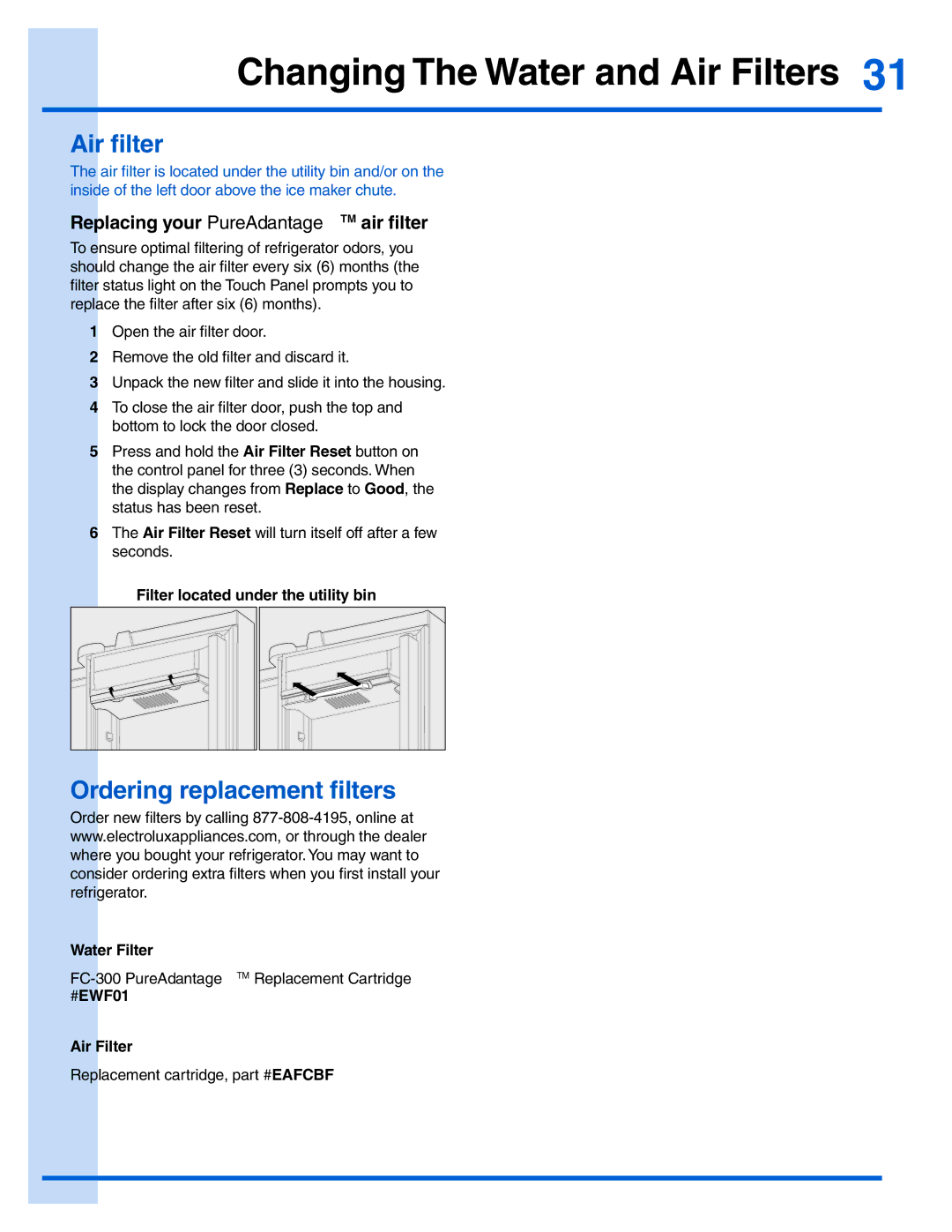 Electrolux EI28BS65KS, 242183201 manual Air filter, Ordering replacement filters, Replacing your PureAdvantageTM air filter 