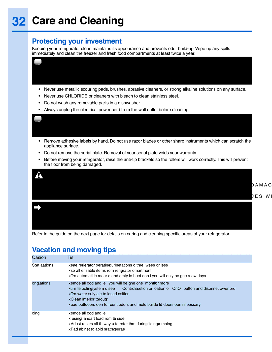 Electrolux 242183201, EI28BS65KS Care and Cleaning, Protecting your investment, Vacation and moving tips, Occasion Tips 