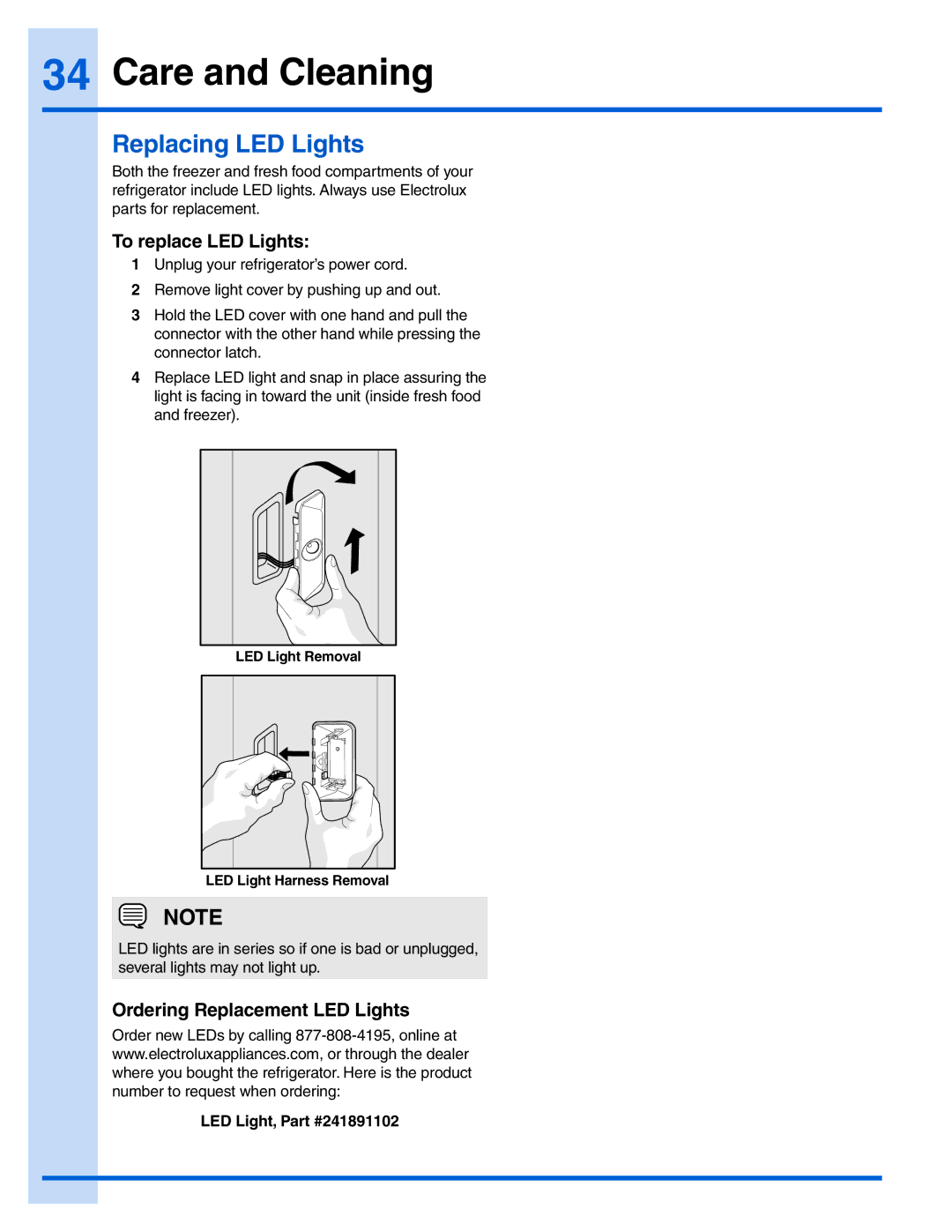 Electrolux 242183201, EI28BS65KS manual Replacing LED Lights, To replace LED Lights, Ordering Replacement LED Lights 