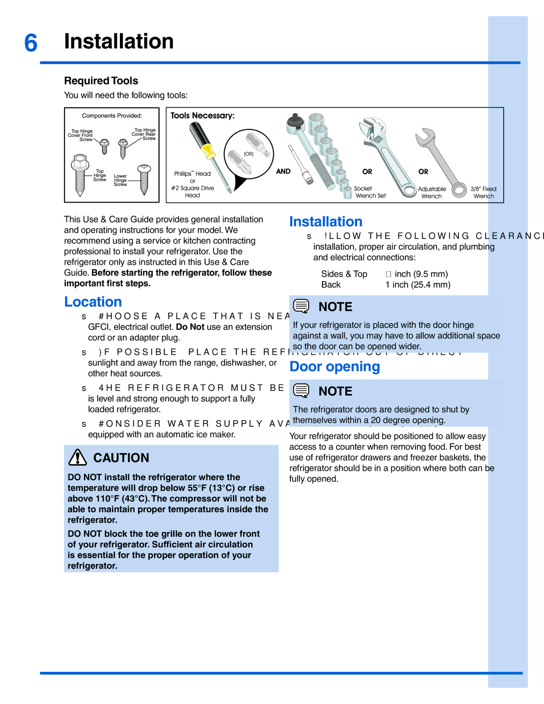 Electrolux 242183201, EI28BS65KS manual Installation, Location, Door opening, Required Tools 