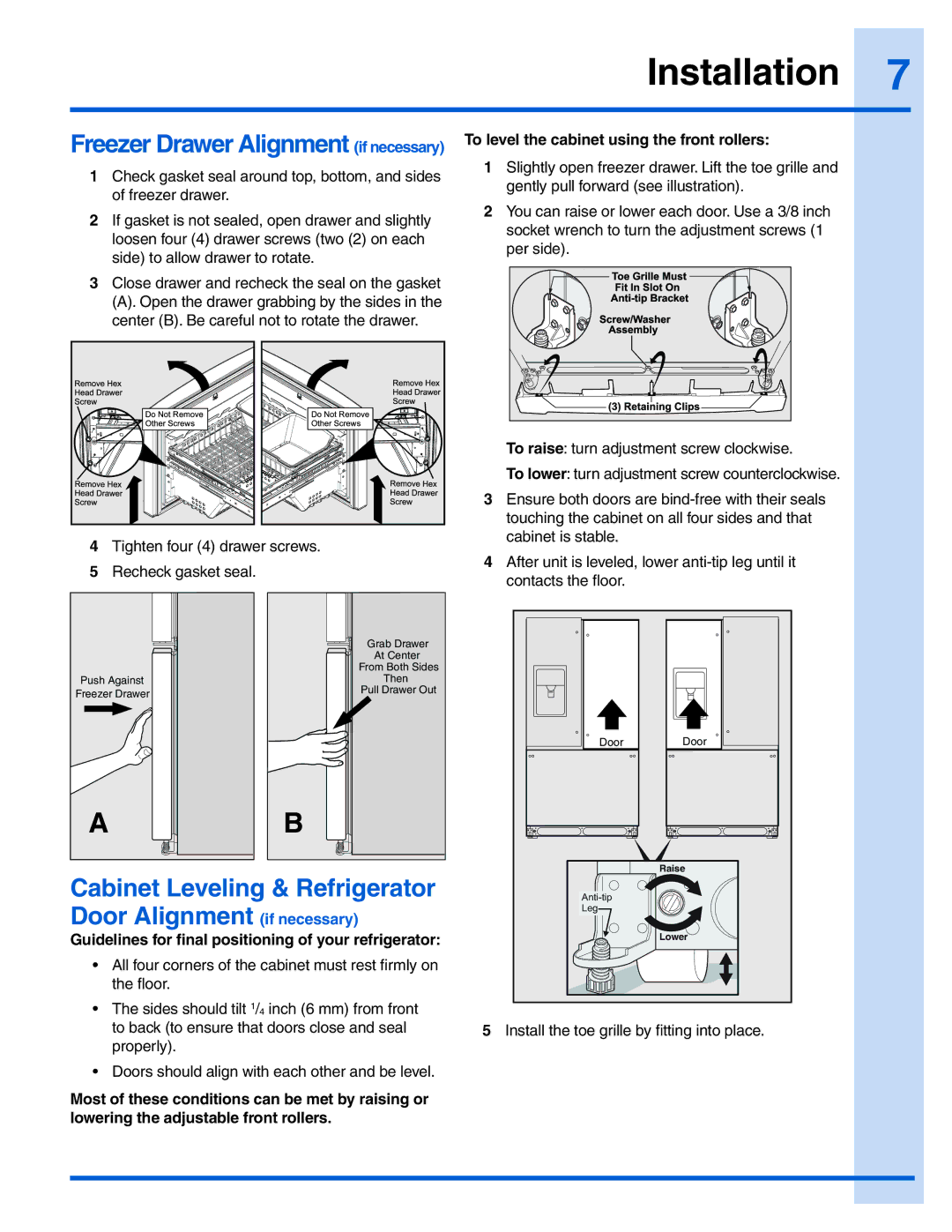 Electrolux EI28BS65KS, 242183201 manual Cabinet Leveling & Refrigerator Door Alignment if necessary 