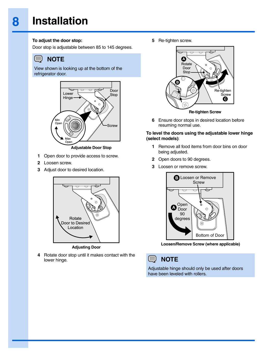 Electrolux 242183201, EI28BS65KS manual To adjust the door stop Re-tighten screw 