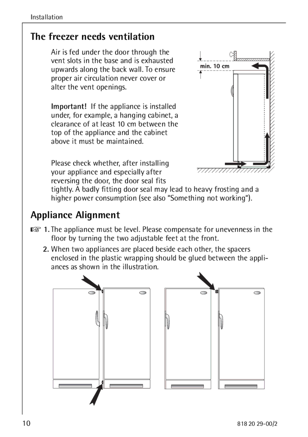 Electrolux 2494-6 GA manual Freezer needs ventilation, Appliance Alignment, Reversing the door, the door seal fits 