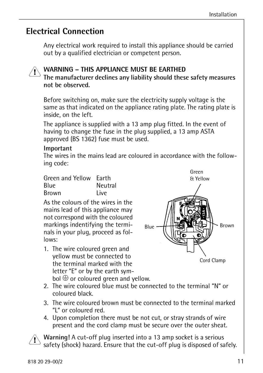 Electrolux 2494-6 GA manual Electrical Connection 