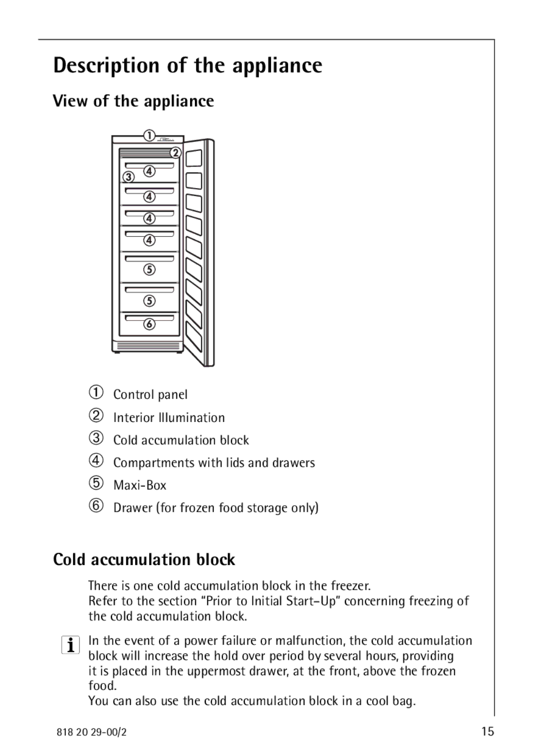 Electrolux 2494-6 GA manual Description of the appliance, View of the appliance, Cold accumulation block 