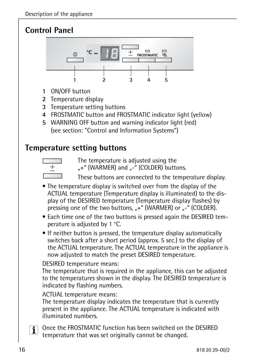 Electrolux 2494-6 GA Control Panel, Temperature setting buttons, These buttons are connected to the temperature display 