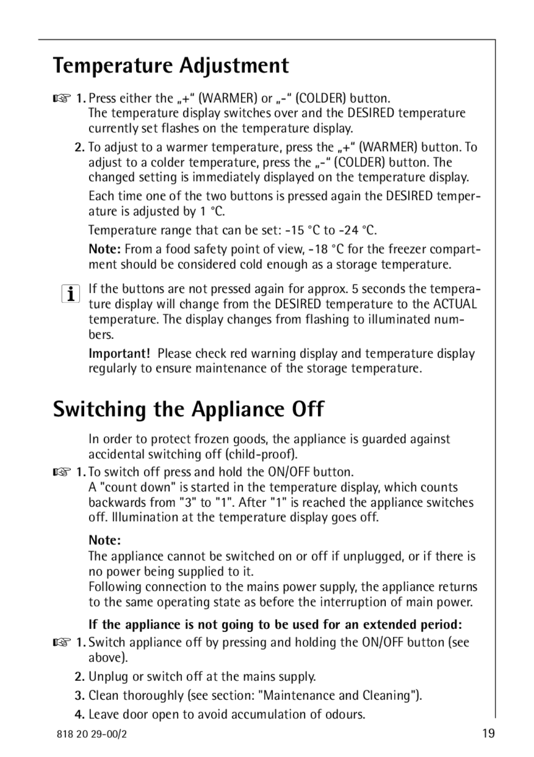 Electrolux 2494-6 GA manual Temperature Adjustment, Switching the Appliance Off 