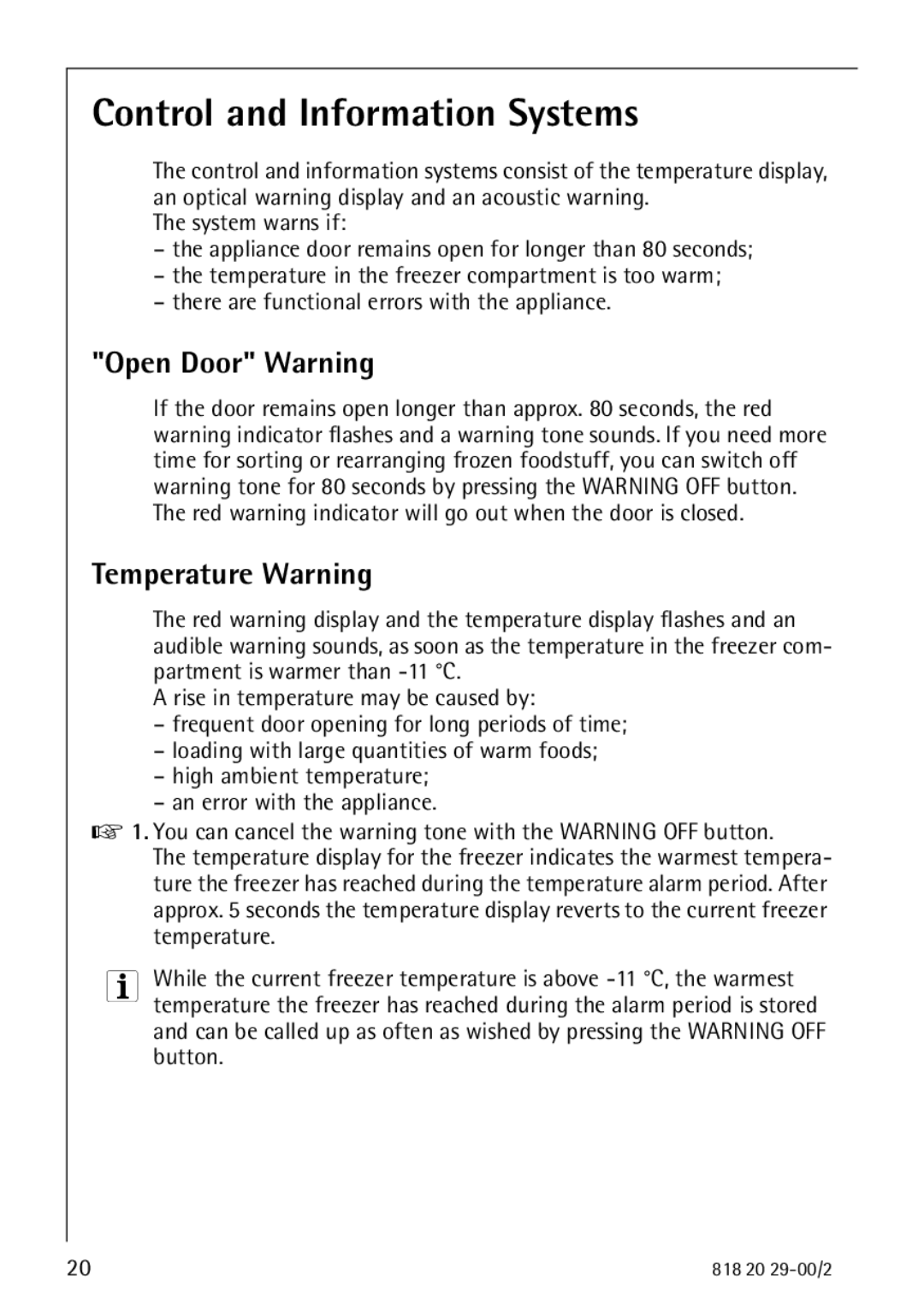 Electrolux 2494-6 GA manual Control and Information Systems, Open Door Warning, Temperature Warning 