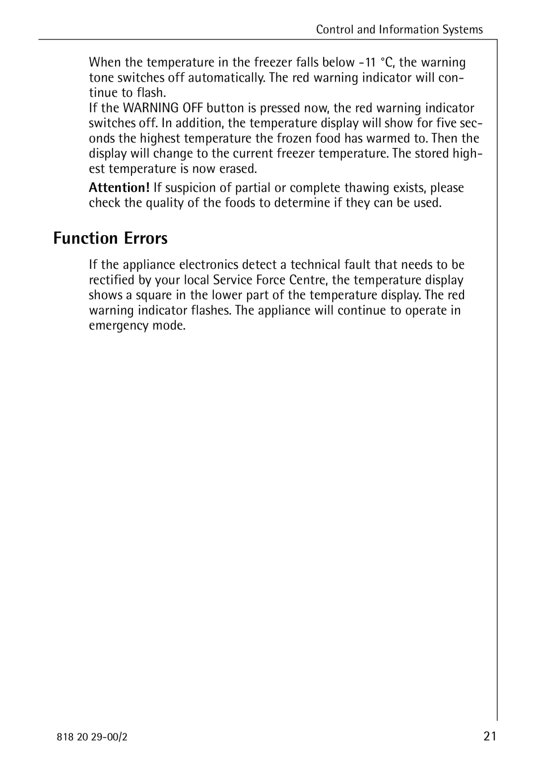 Electrolux 2494-6 GA manual Function Errors 