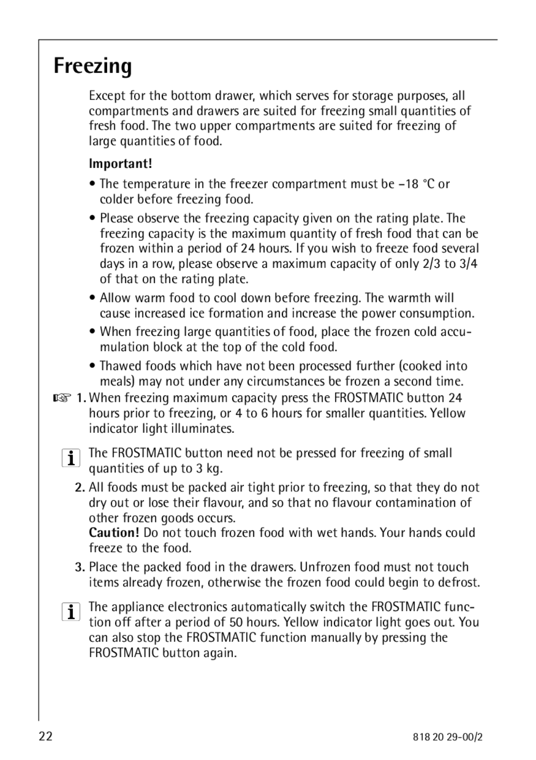 Electrolux 2494-6 GA manual Freezing 