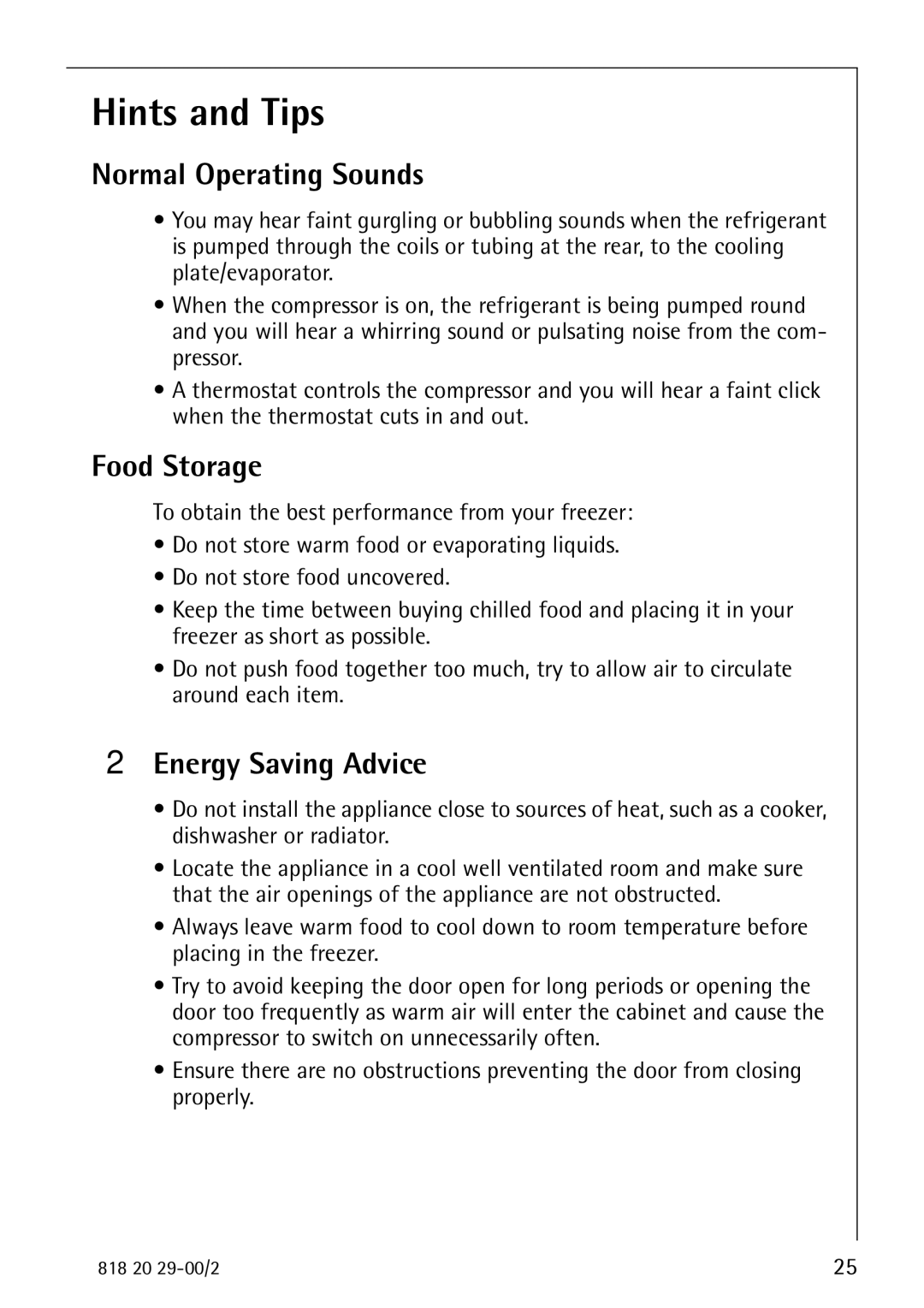 Electrolux 2494-6 GA manual Hints and Tips, Normal Operating Sounds, Food Storage, Energy Saving Advice 