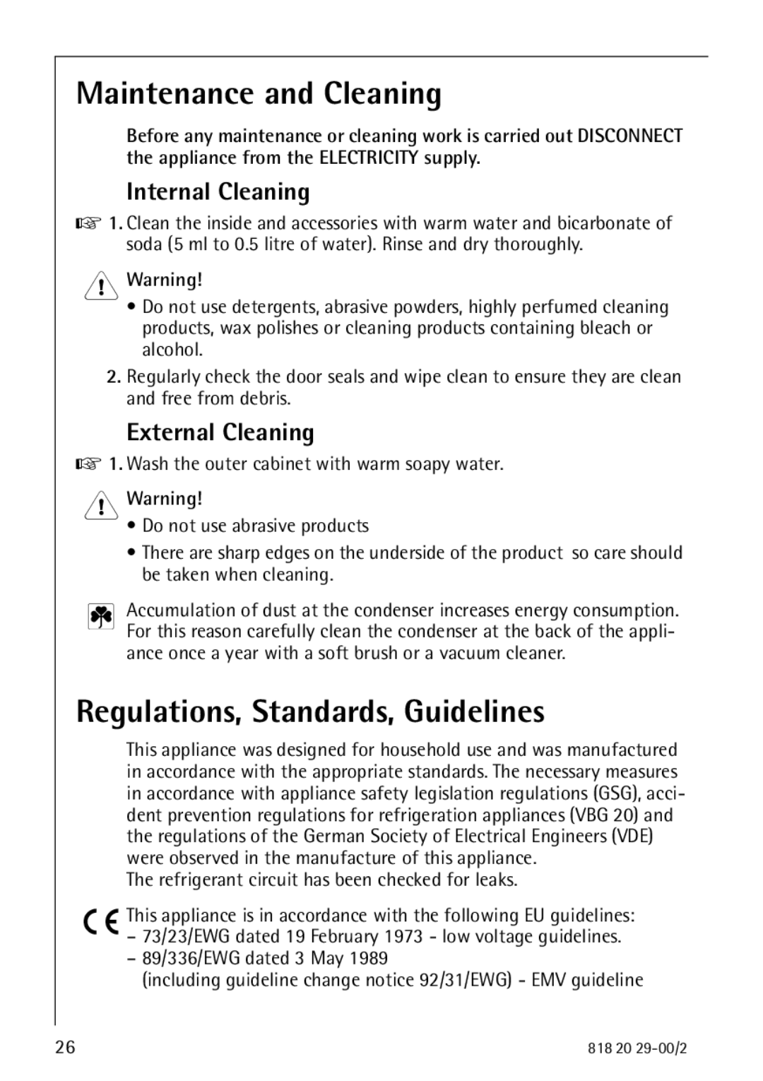 Electrolux 2494-6 GA Maintenance and Cleaning, Regulations, Standards, Guidelines, Internal Cleaning, External Cleaning 