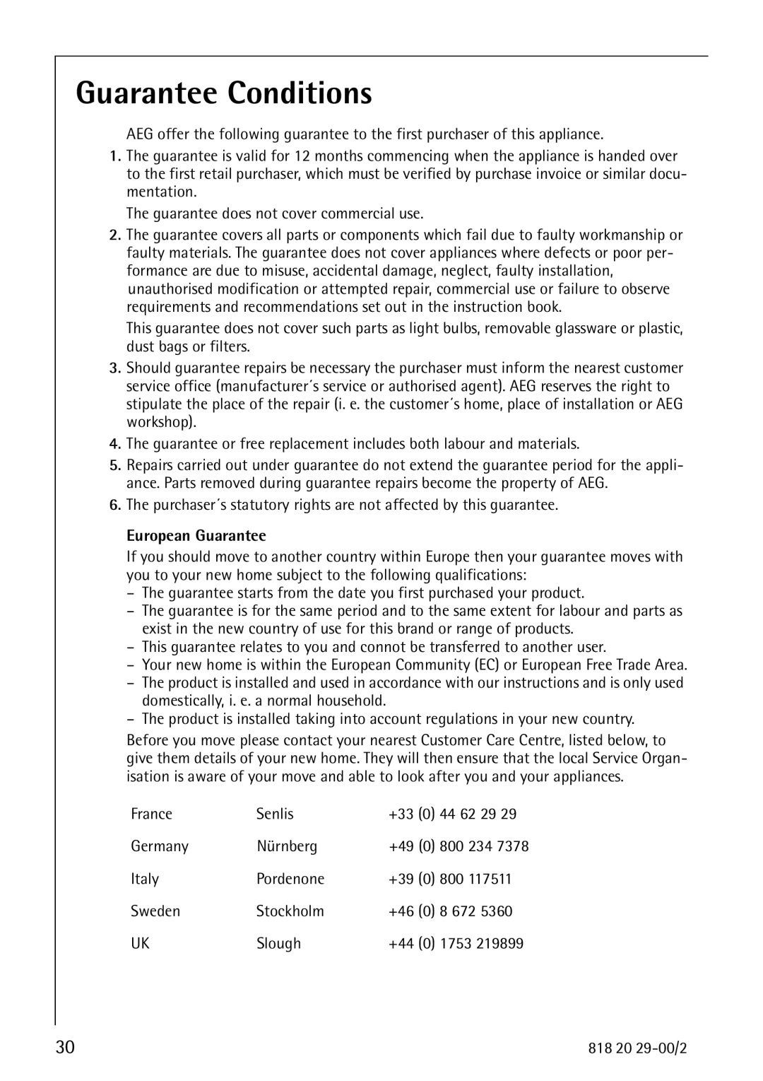 Electrolux 2494-6 GA manual Guarantee Conditions, European Guarantee 