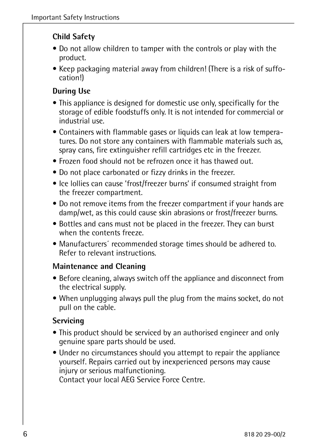 Electrolux 2494-6 GA manual Child Safety, During Use, Maintenance and Cleaning, Servicing 