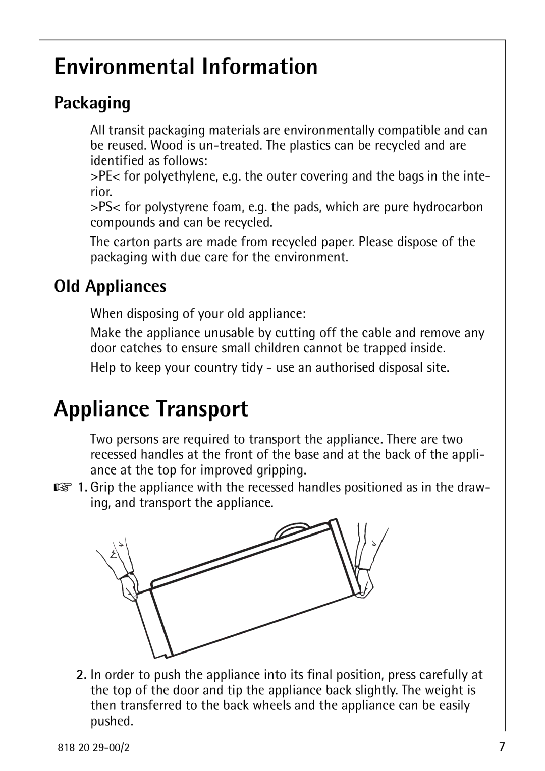 Electrolux 2494-6 GA manual Environmental Information, Appliance Transport, Packaging, Old Appliances 