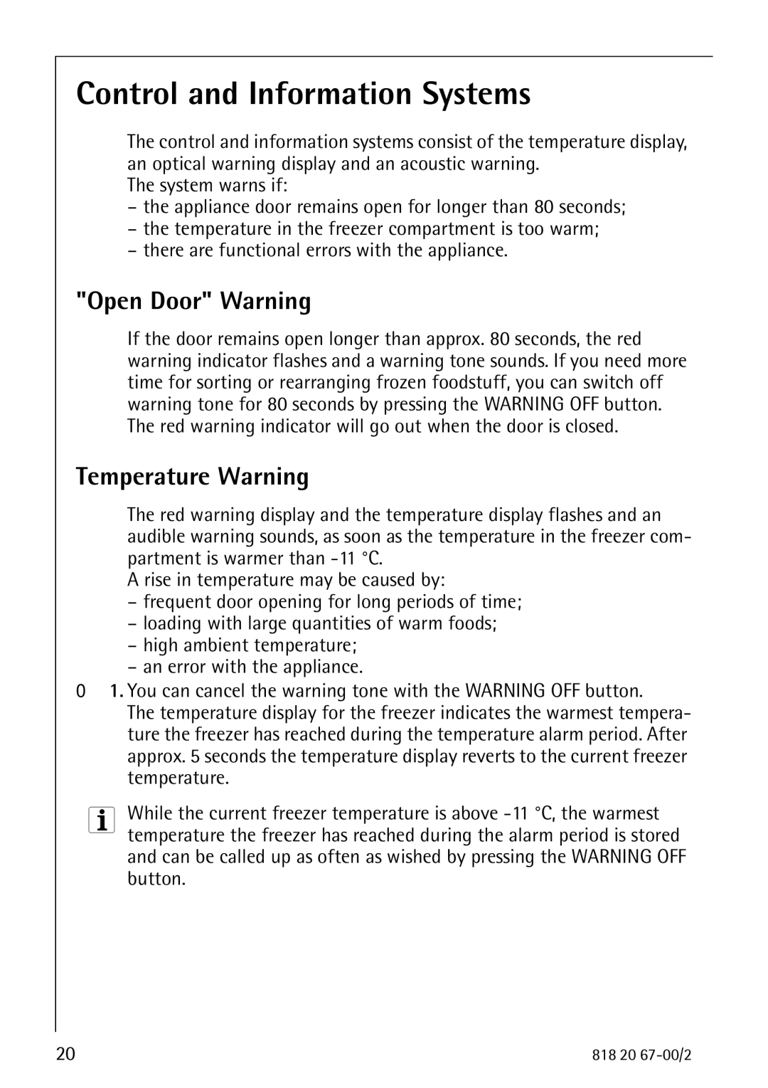 Electrolux 2498-6 GA operating instructions Control and Information Systems, Open Door Warning, Temperature Warning 