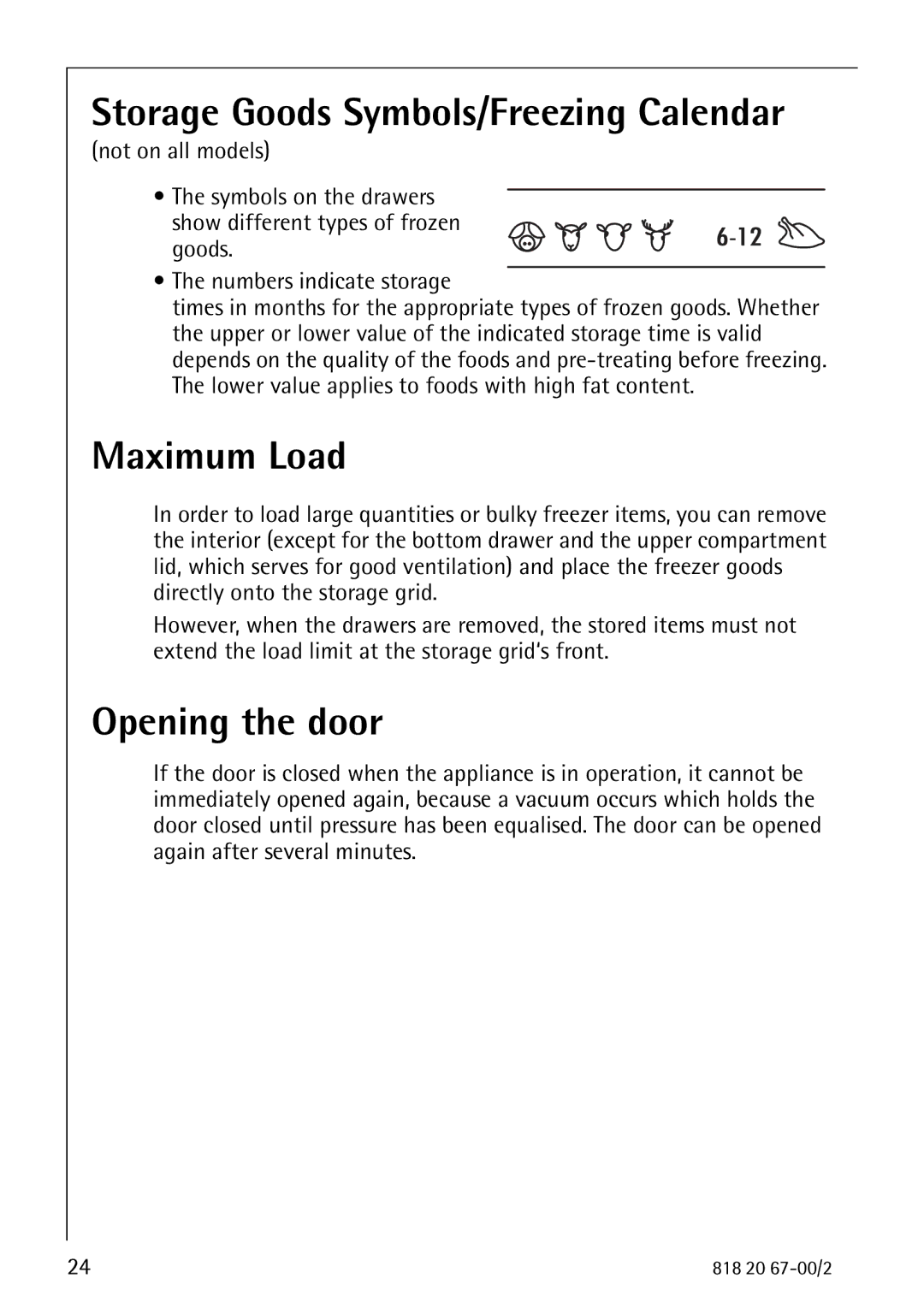 Electrolux 2498-6 GA operating instructions Storage Goods Symbols/Freezing Calendar, Maximum Load, Opening the door 