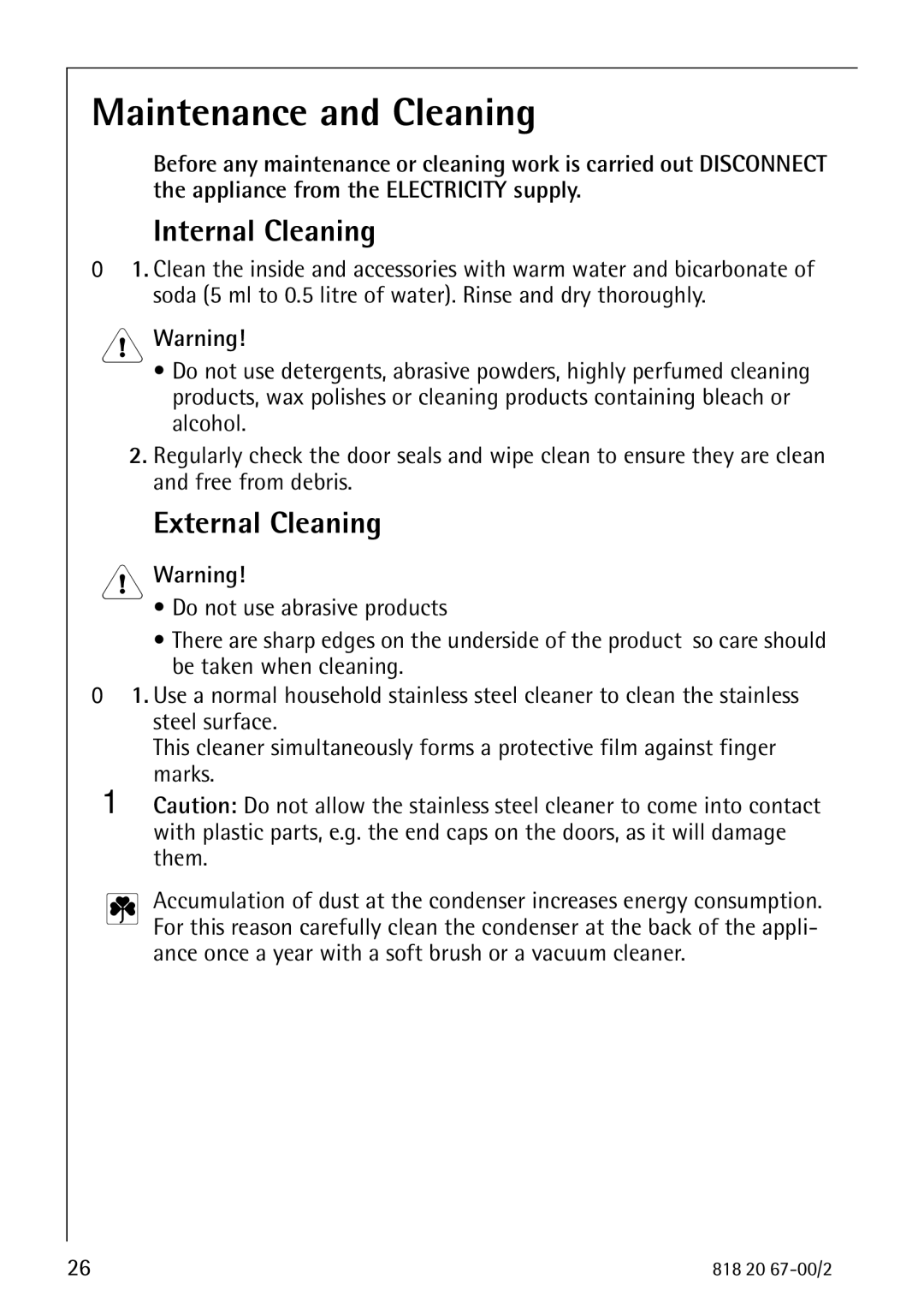 Electrolux 2498-6 GA operating instructions Maintenance and Cleaning, Internal Cleaning, External Cleaning 