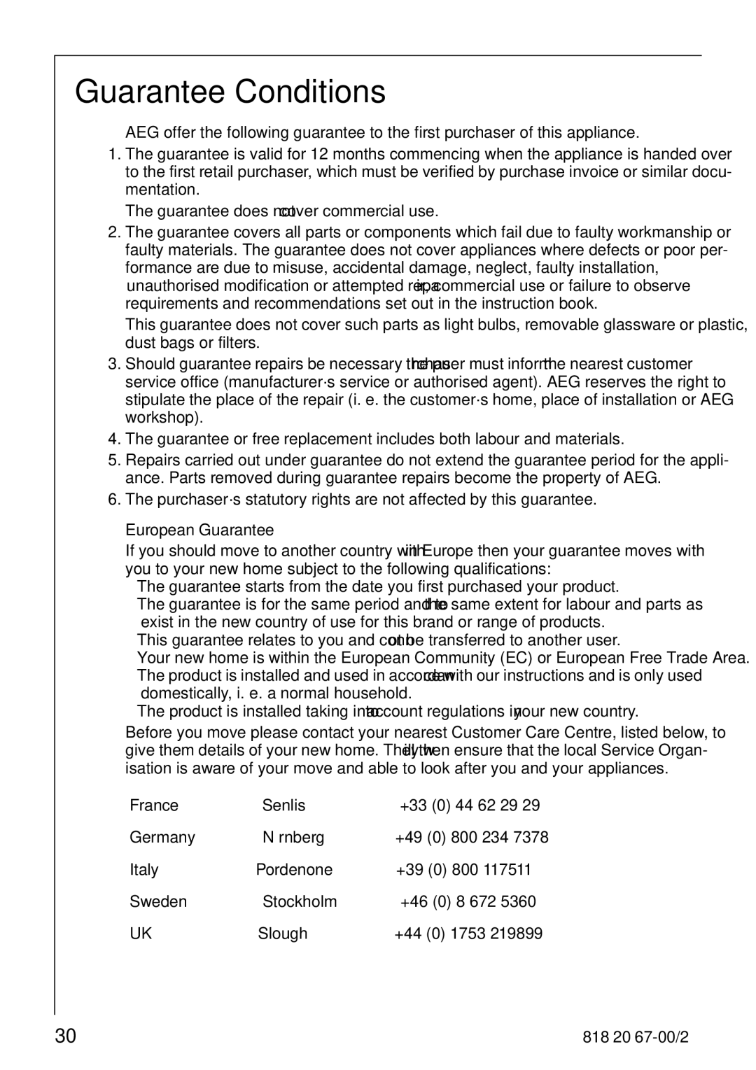 Electrolux 2498-6 GA operating instructions Guarantee Conditions, European Guarantee 